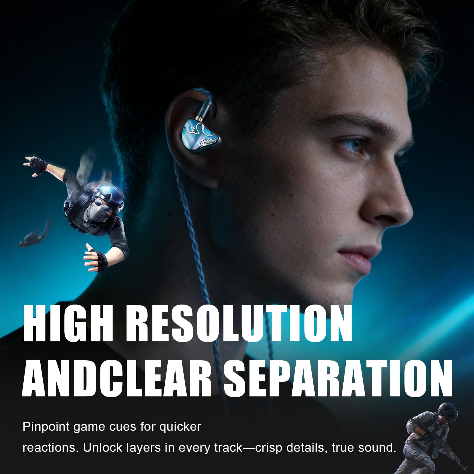 HiFiGo Juzear Defiant Gamefidelity Edition Gaming-IEMs, kabelgebundene Ohrhörer mit 1DD+3BA Hybrid-Treiber, geräuschisolierende In-Ear-Monitore mit HD-Mikrofon (Blau)