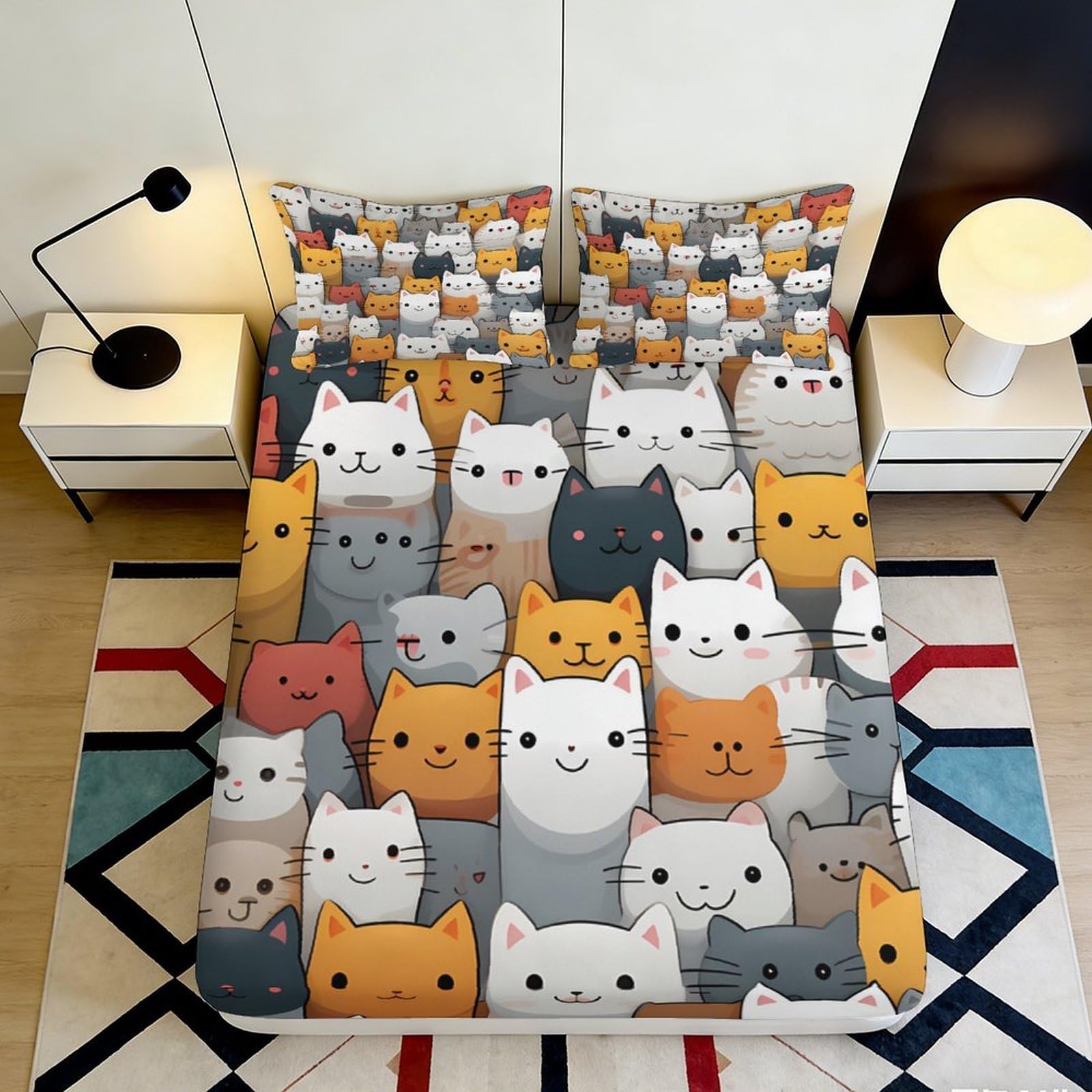 3D Printed Cute Cat Pattern Fitted Sheet Microfiber Soft Durable Cartoon Cats Bed Cover for Bedroom Dormitory Guest Room Mattress Protection 180x200x25cm