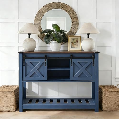 Miniatura 14 de Mesa de entrada de granja con puertas corredizas de granero, mesa consola de madera con estante de almacenamiento, mesa de sofá rústica para sala de