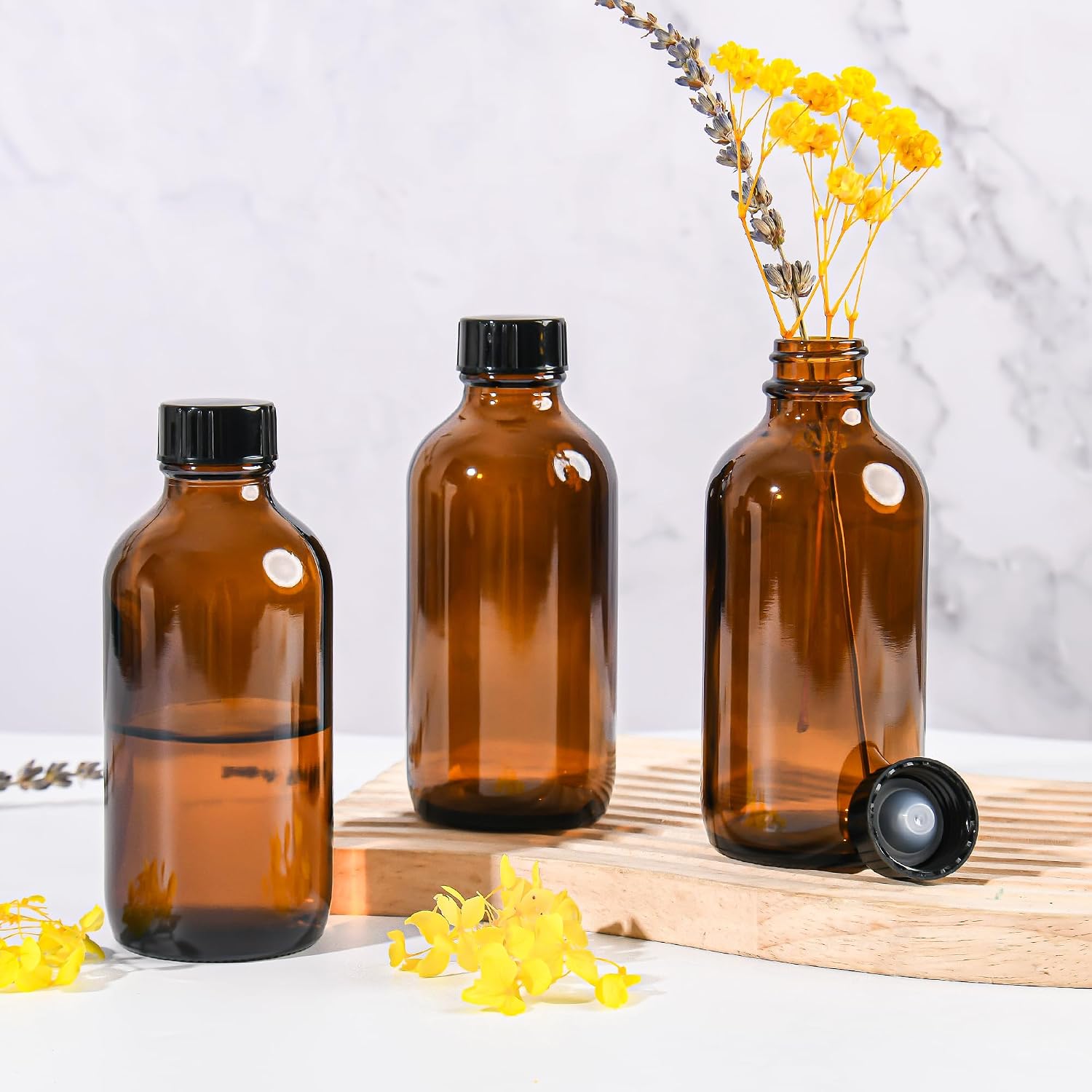 Small Glass Bottles with Lids Boston Round Shot Bottles for Health, Immunity, Ginger Juice, Essential Oils, Potion - Leak Proof Mini Travel Containers (Amber UV, 4oz-24Pack)