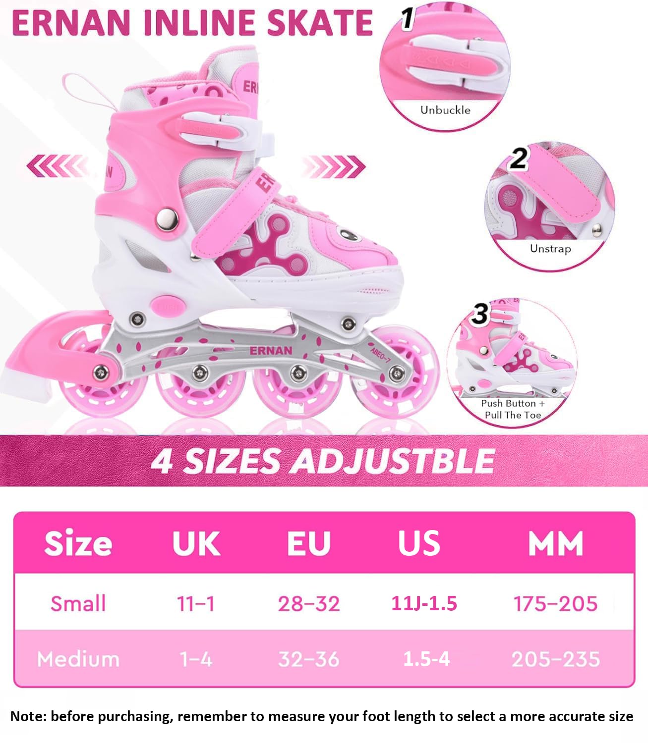 ERNAN Pattini in linea regolabili per bambini,Pattini in linea, pattini in linea per bambini con ruote illuminate, Per ragazze e ragazzi, per uso interno ed esterno