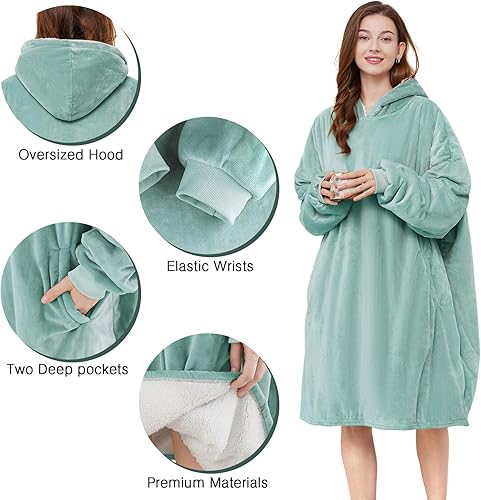 Miniatura 3 de AmyHomie Manta de sherpa con capucha de gran tamaño, sudadera con capucha de forro polar, para mujeres, hombres y niños, Verde salvia