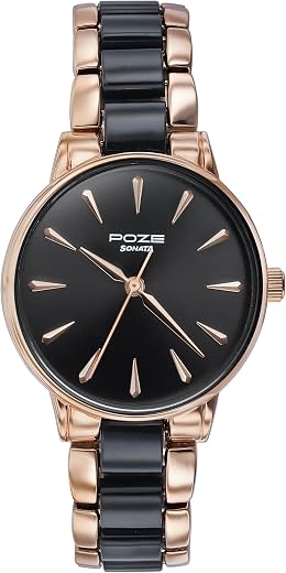 Sonata Poze Quartz Black Dial Black+Rose Gold Metal Strap Analog Watch for Women-SP80076KD02WF