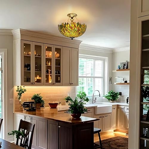 Miniatura 6 de Tiffany - Lámpara de techo de glicina verde con vitrales, semi empotrada, 16 pulgadas de altura, 15 pulgadas, lámpara de techo Tiffany