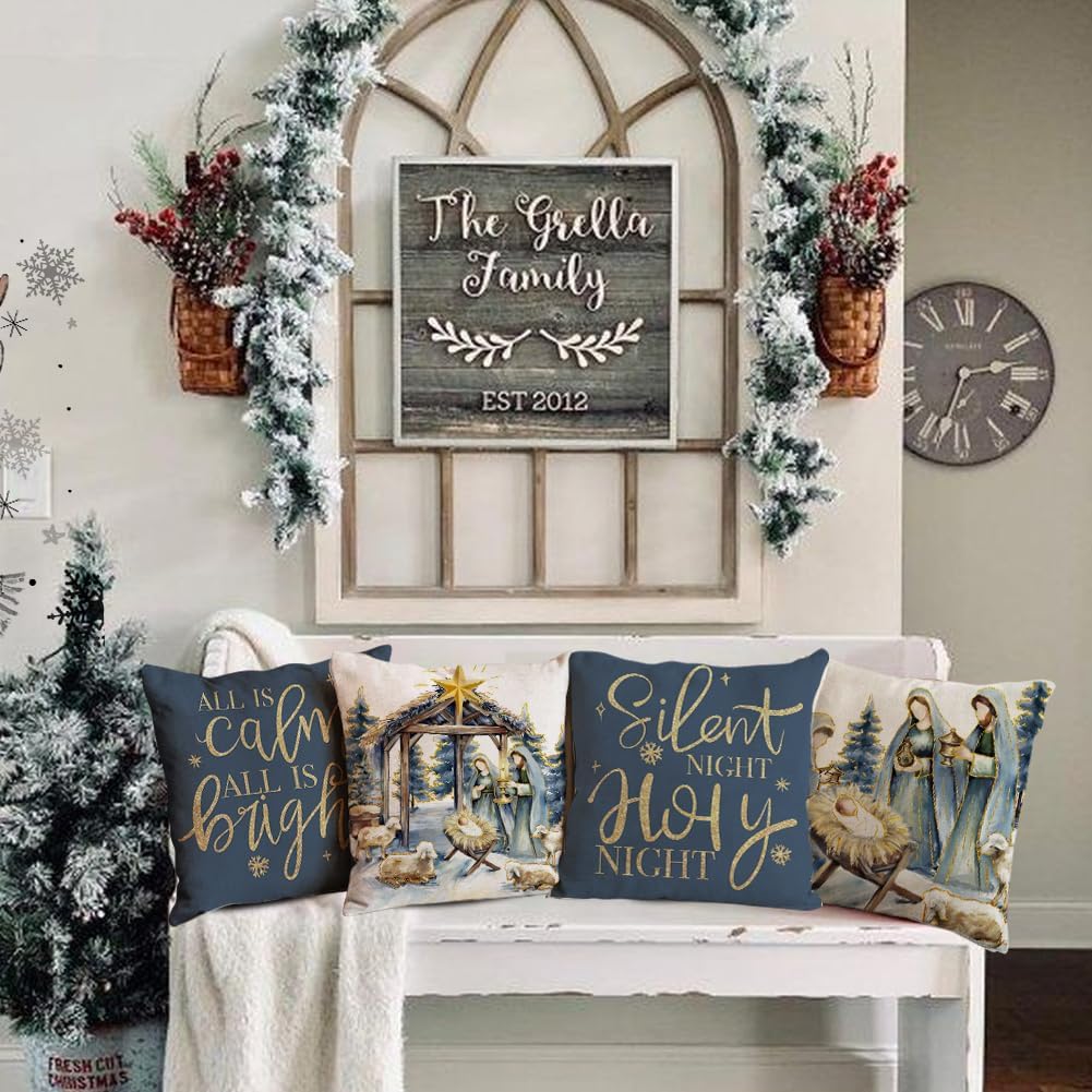 Christmas Pillow Covers 20X20 Inch Set of 4, Nativity Scene O Holy Night Jesus Snowflake Holiday Decor, All is Calm All is Bright Pillowcases for Sofa Couch Winter Home Decoration