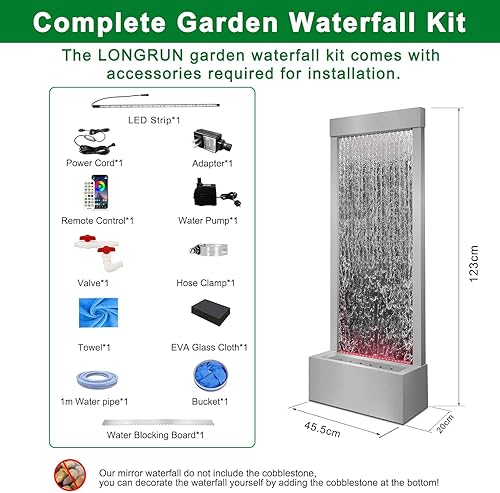 Miniatura 11 de LONGRUN Fuente de agua para interiores con espejo de cascada con luz LED multicolor controlada por aplicación, kit de fuentes de pie, 48 pulgadas