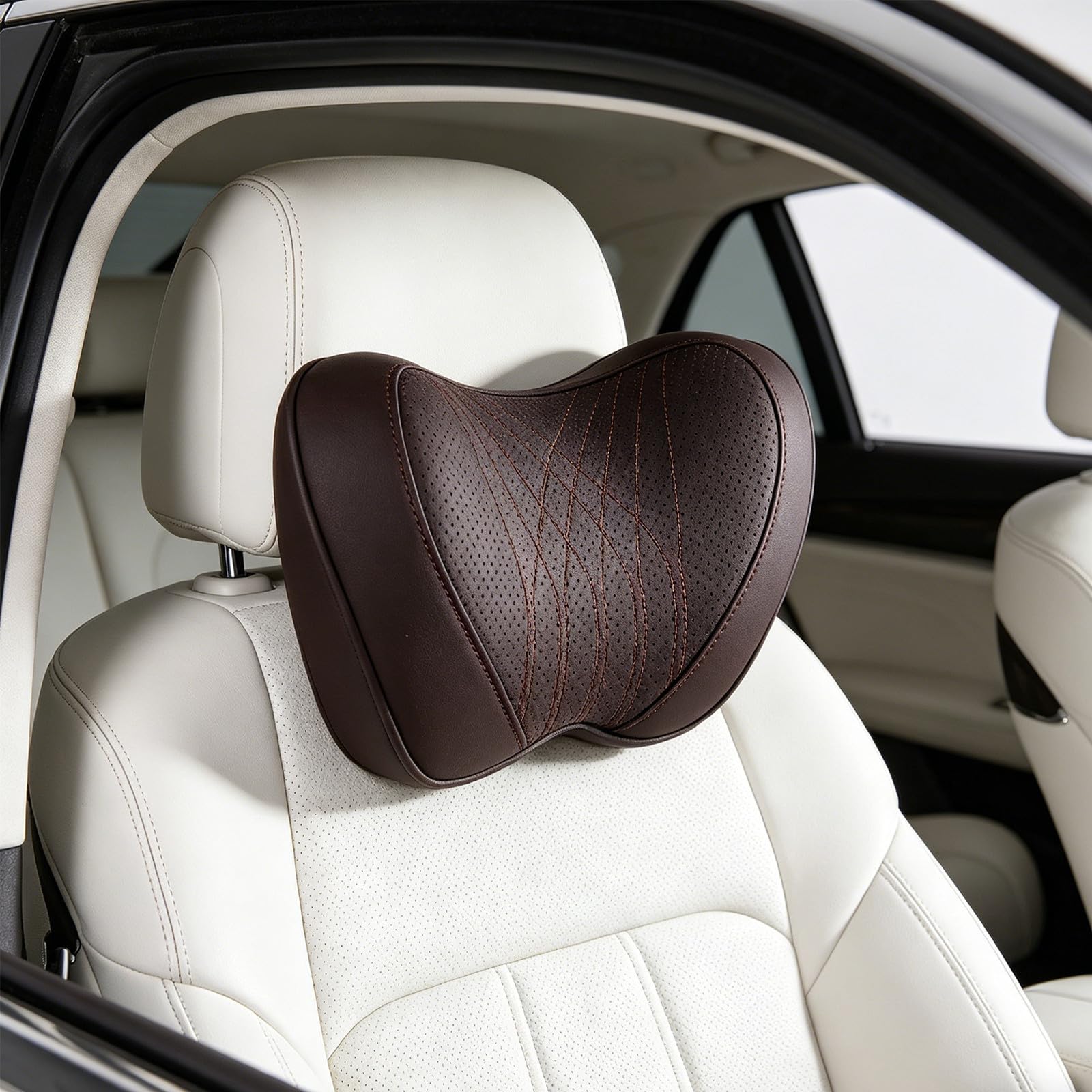 Beavorty Almohada Ergonómica para Cuello y Espalda para Coche con Espuma Viscoelástica y Cubierta de Cuero Extraíble, Correa Ajustable para Viajes en Carretera Cómodos