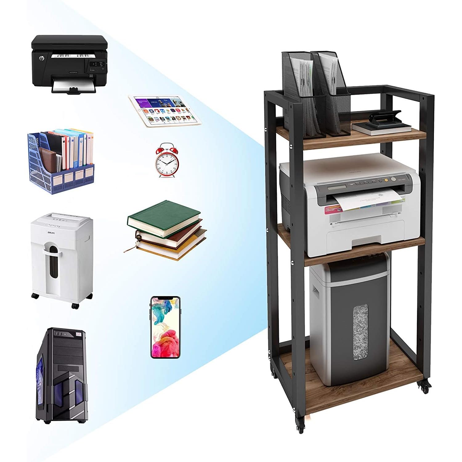 PUNCIA Mesa para Impresora Ajustable en Altura Soporte para Impresión de 3 Niveles con Ruedas Organizador de Papel Móvil de Madera y Metal Estante de Almacenaje Retro para Estudio Oficina Cocina