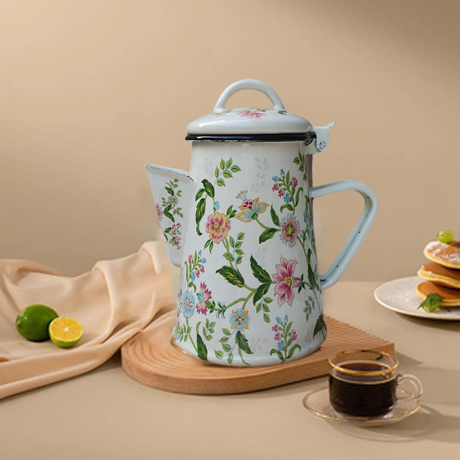 Cafetera Esmaltada, Cafetera Cocina, Tetera Estilo Vintage de 0.8 L con Asa, Esmalte Grueso Resistente a Altas Temperaturas, Fácil de Limpiar, Apta para Gas, Eléctrica y Vitrocerámica