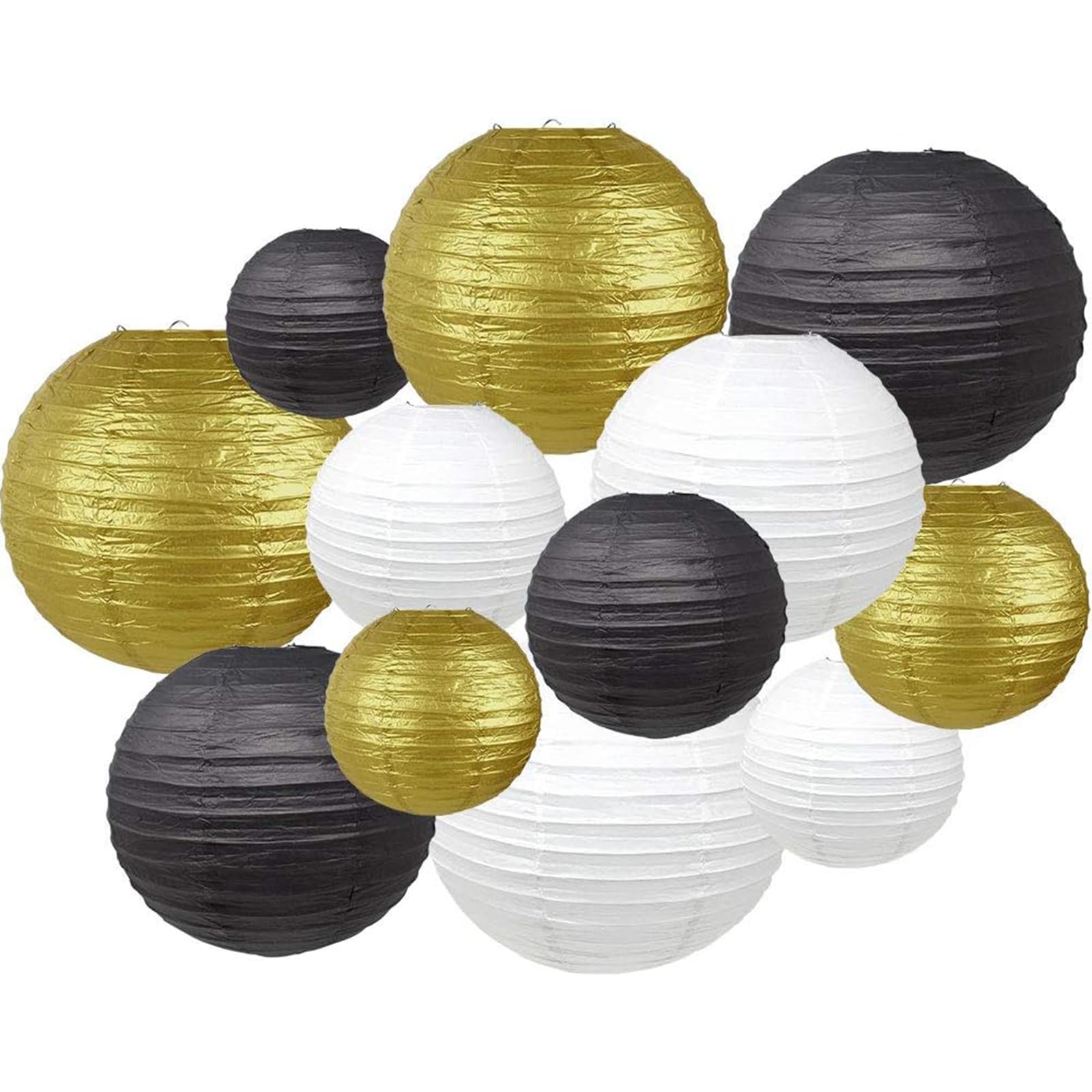 Surwin 12PCS Paper Lanterns, Chinese Lanterns Biodegradable Paper Lampshades Colourful Paper Lanterns for Weddings, Baby Shower, Celebrations, Garden, Party Decor (Black/Gold/White)