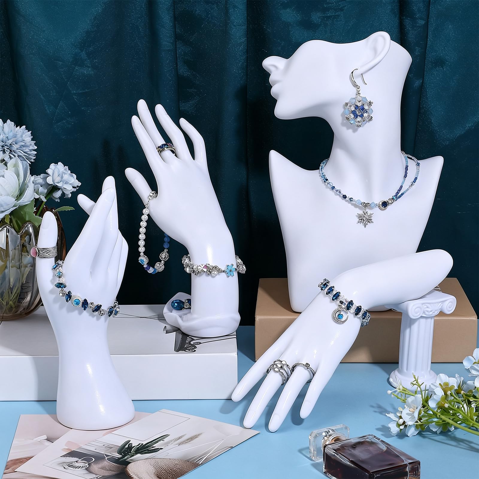 6 Stück Schmuck Schaufensterpuppe Display Set Weiß Schmuck Halter Kit mit Halskette Büste Hand Schaufensterpuppe Ohrring Ständer für Boutique Armreifen Anhänger Fotografie Verkauf Show Laden