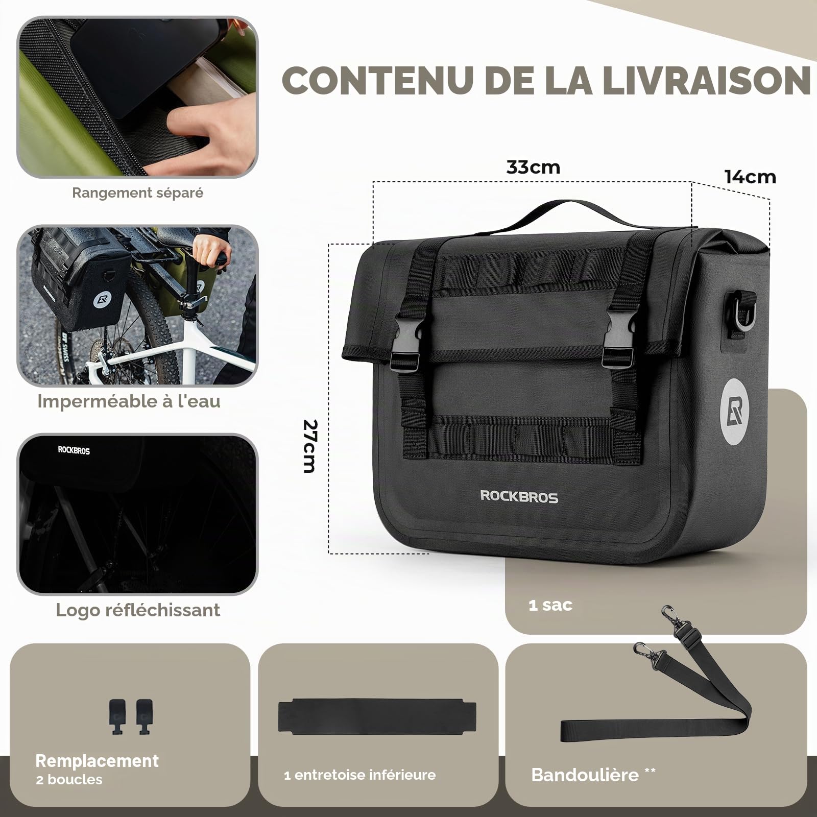 ROCKBROS Sacoche de Porte-Bagages de vélo 9L-15L Sacoche de Vélo Imperméable Réfléchissantes Porte-Bagages arrière, Siège Arrière Double Face avec Bandoulière de Rangement, Noir Vert