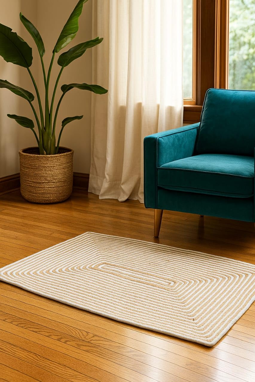 RUGSZONE ®2x3 Feet Reversible Carpets for Living Room | Machine Washable Bedside Floor Rugs Mat for Bedroom, Balcony & Drawing Room | Border - White & Beige Rectangle-image-4