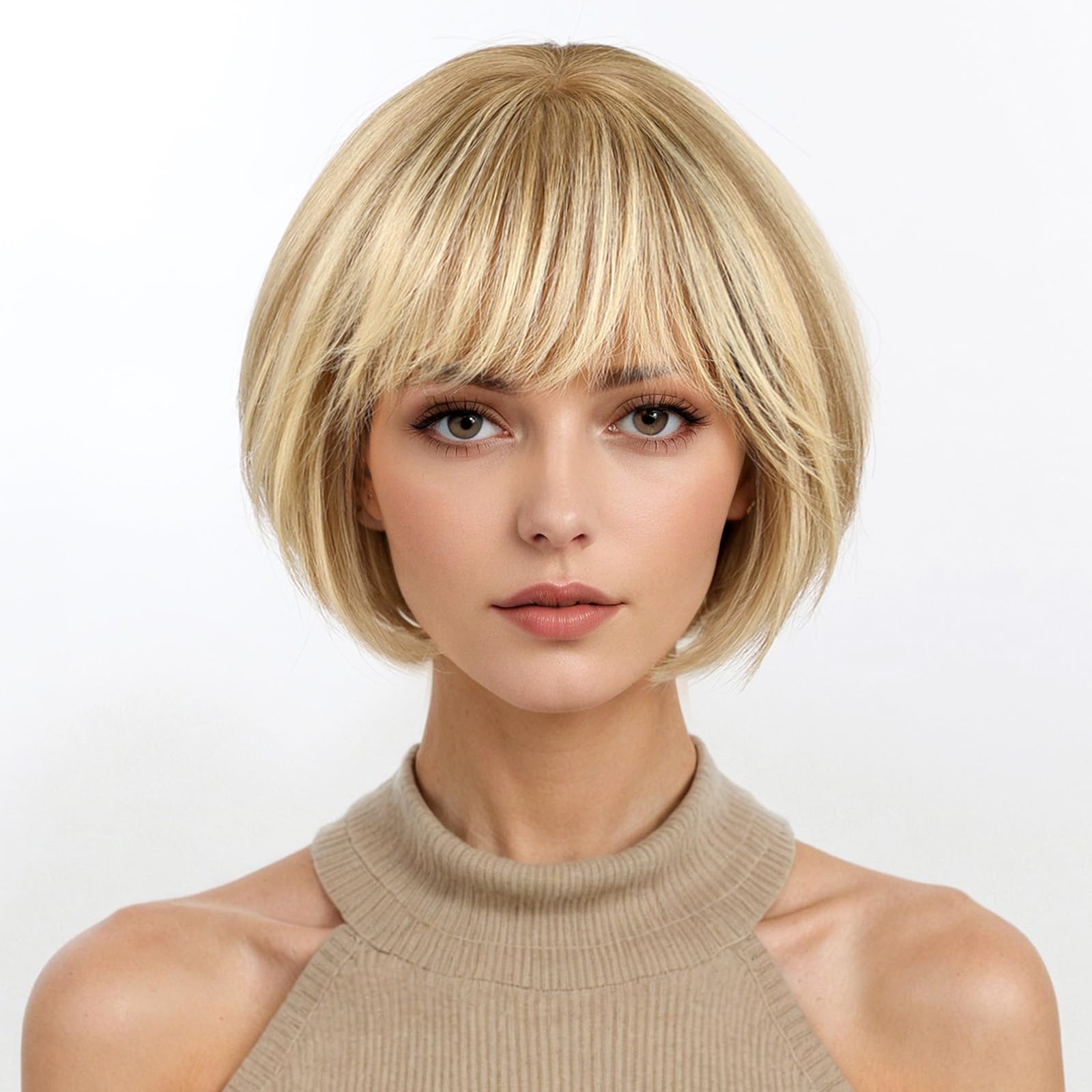 KKU 10 Inch Ombre Golden Brown Wigs Human Hair for Women, Remy Human Hair Wigs, Human Hair Wigs with Bangs