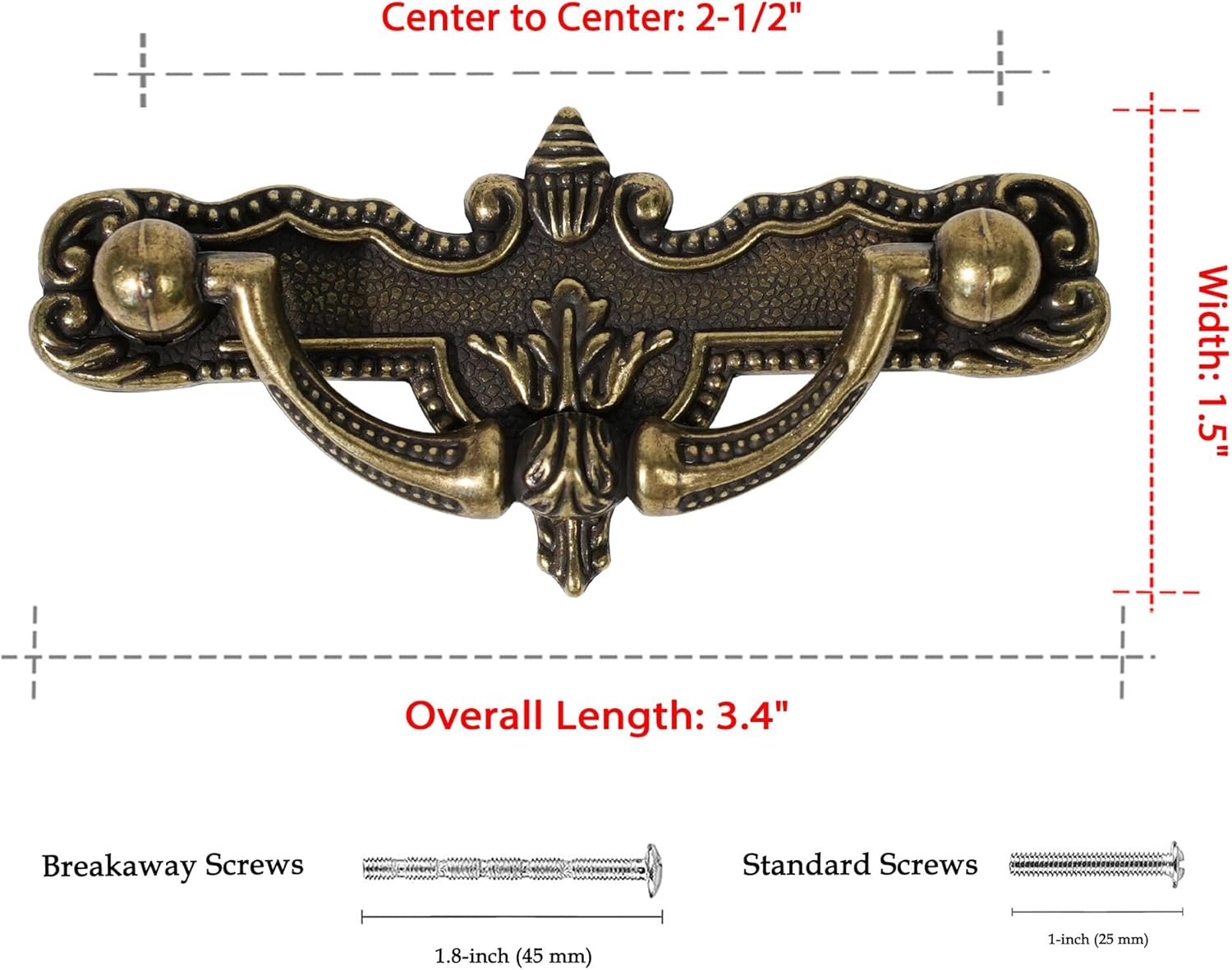 4 Pack Antique Bronze Drop Bail Drawer Pulls, Vintage Cabinet Handles with 2-1/2" Hole Centers, Decorative Furniture Hardware for Dresser, Cupboard, Wardrobe