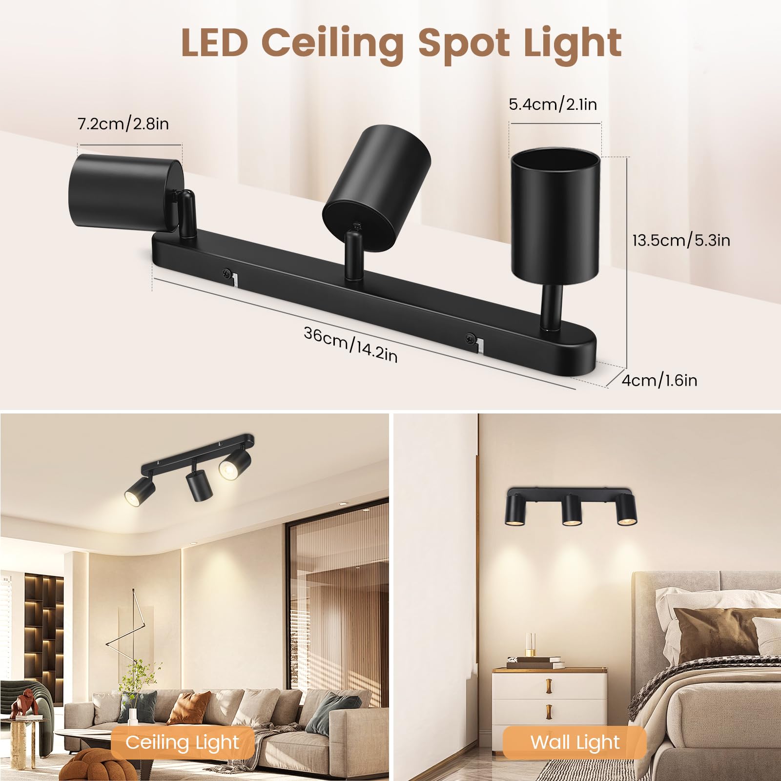 Faretti LED Soffitto 6 Luci Orientabili - Nero, Attacco GU10 - Per Soggiorno, Cucina, Salotto - Moderno - Foto 5