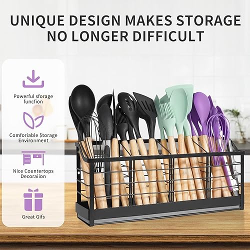 Miniatura 10 de Soporte para utensilios para encimera de cocina, soporte grande para utensilios de cocina de granja, 13.5 x 4.3 x 6.9 pulgadas, con base de madera,