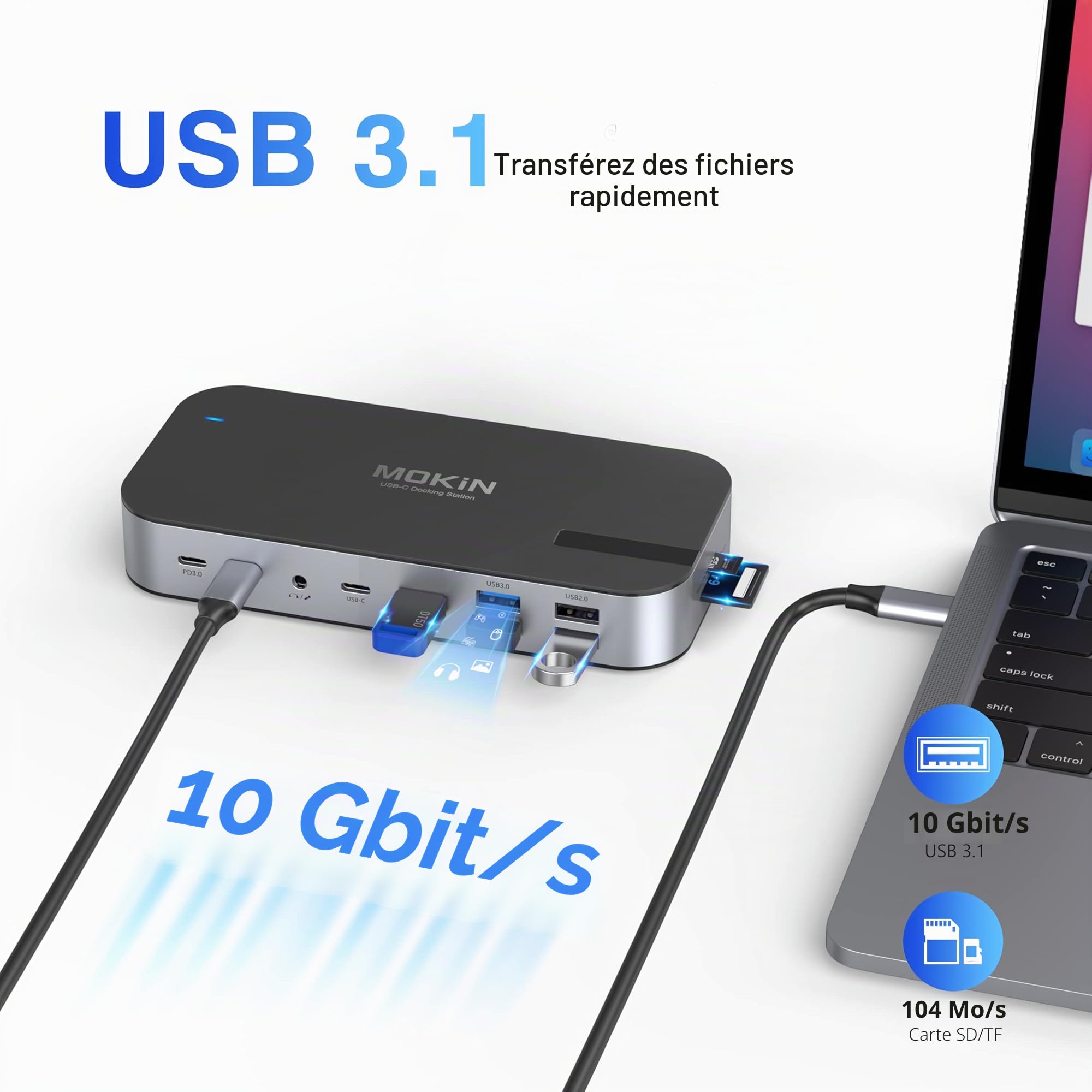 MOKiN Station d'accueil pour ordinateur portable avec alimentation 65 W, station d'accueil 16 en 1 station d'accueil USB C avec double écran avec 4K 2 HDMI, DP, VGA, 5 ports USB, RJ45, SD/TF, 100 W PD