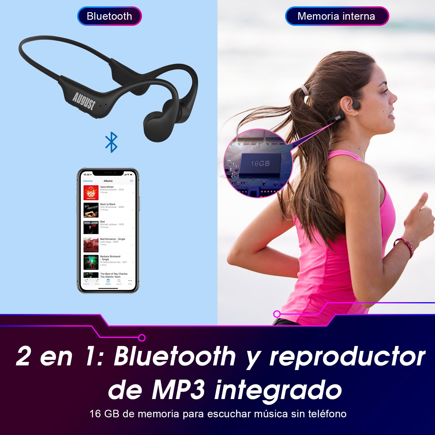 August EP400 Auriculares de Conducción Ósea Bluetooth 5.3, MP3 16 GB, IP68