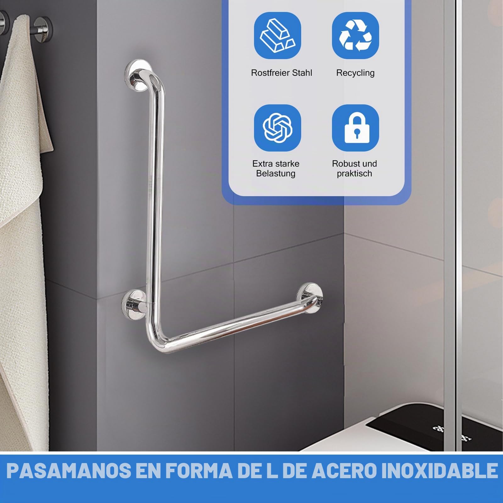 Mango de seguridad para baño, acero inoxidable pulido, 70 x 50 cm, mango en forma de L, para duchas, ángulo vertical, rieles de seguridad antideslizantes, para mujeres embarazadas, personas mayores y