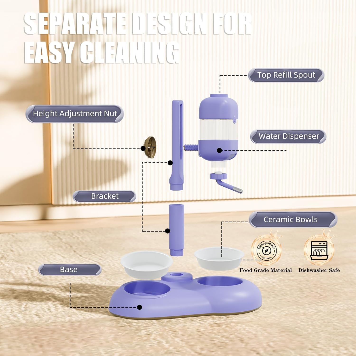 Hundenäpfe mit Welpen-Entwöhnungsflaschen, 3-in-1-Hundenapf-Set mit Wasserspender und 2 lebensmittelechten Keramiknäpfen für Katzen, Kaninchen, Frettchen und kleine Hunde, Violett