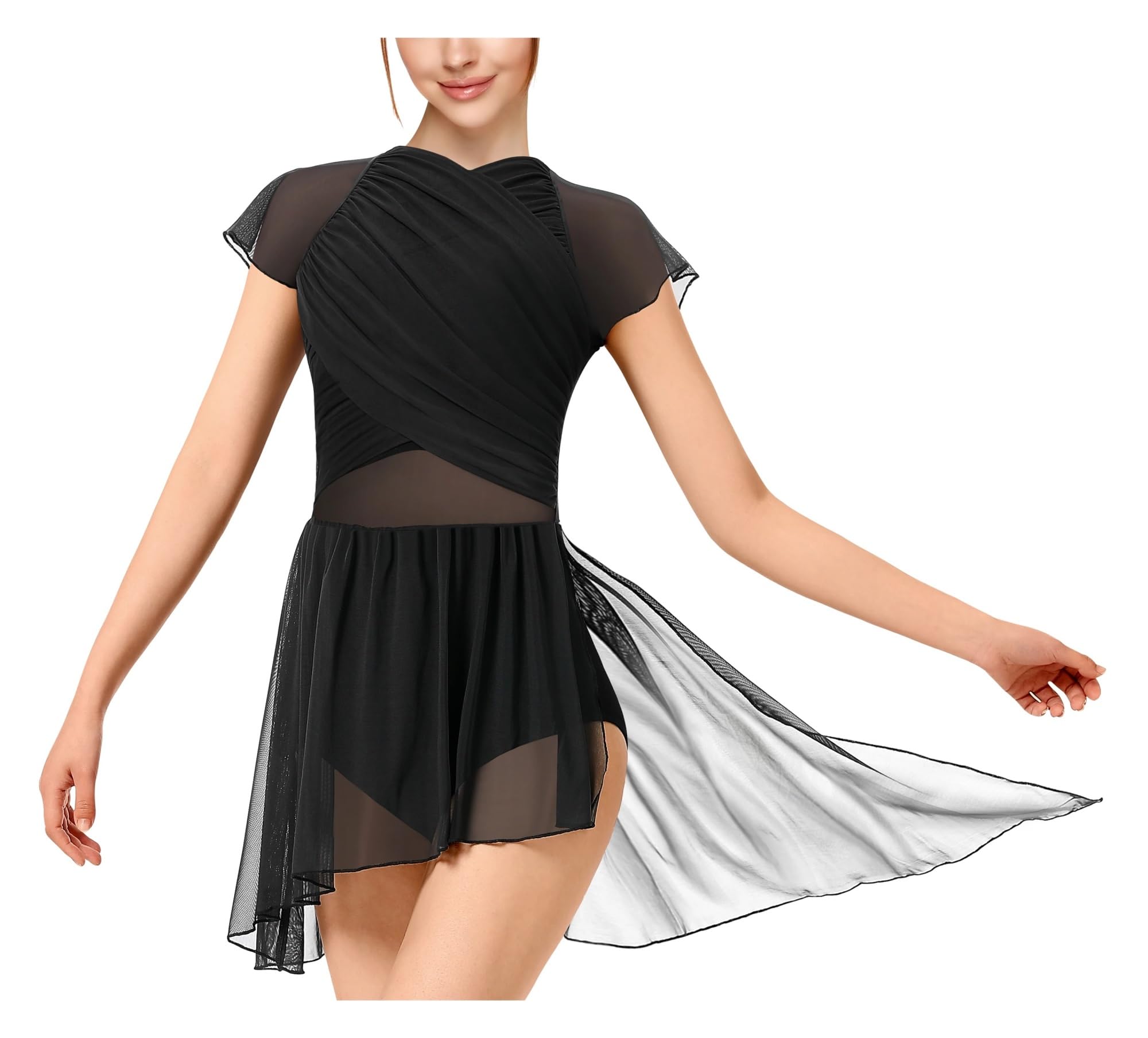 Vestido de Patinaje Artístico Vestido de baile for mujer, malla con mangas onduladas y falda, traje lírico, espalda hueca con efecto gota de agua