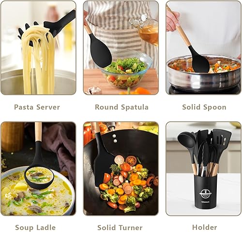 Miniatura 4 de Juego de utensilios de cocina de silicona con soporte, juego de 12 utensilios de cocina resistentes al calor con mango de madera, espátula sin BPA,