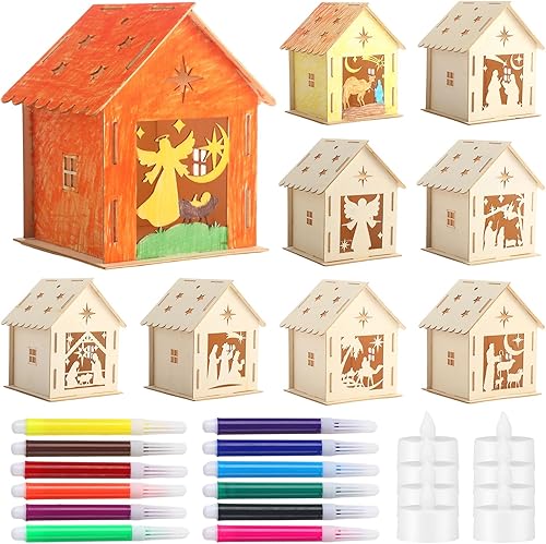 Barydat 9 juegos de adornos de Navidad tallados en madera con luz LED, adornos de Navidad de madera con 12 bolígrafos de acuarela y 9 velas de té