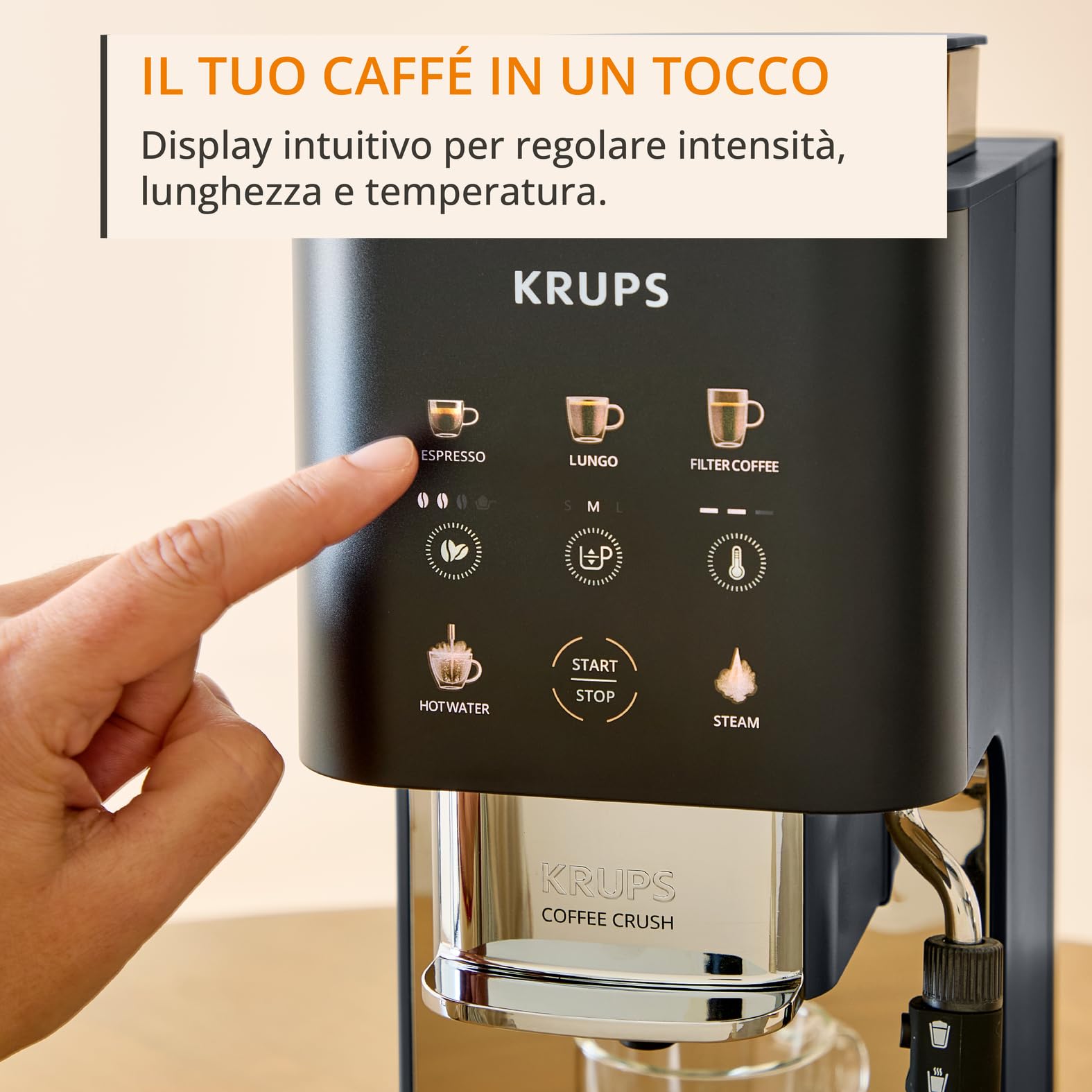 KRUPS Coffee Crush Edition, Macchina per Caffè Automatica, Design Compatto, Caffè espresso, Caffè Filtro, Lancia per Latte, SA404BE1