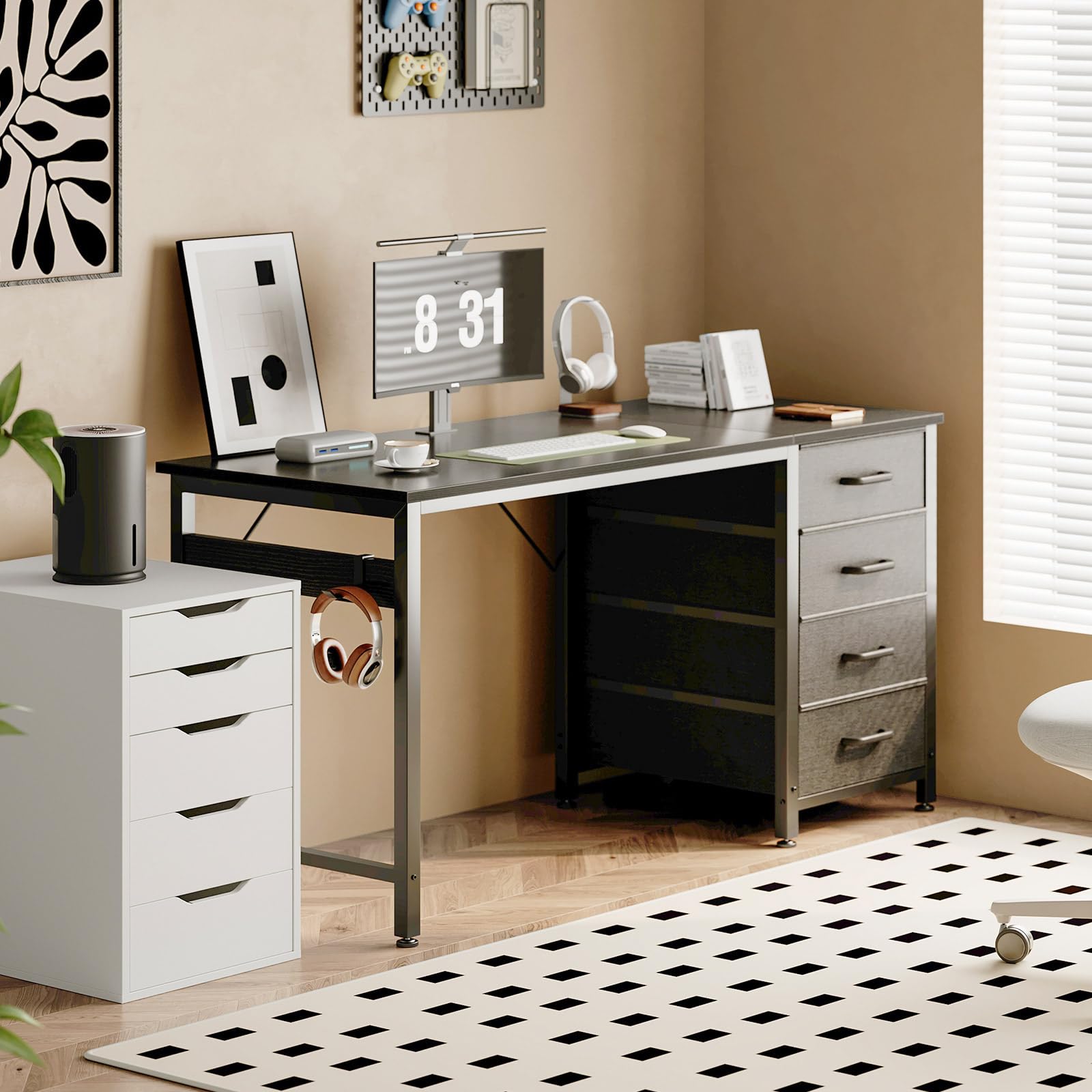 ODK Bureau met 3 laden, bureau voor op kantoor met 2 stopcontacten en USB-poorten, omkeerbaar pc-bureau, computertafel