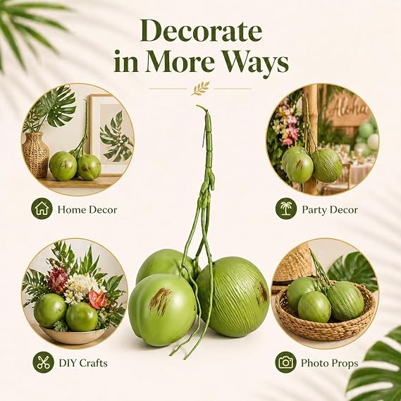 DECHOUS Fake Coconut, 1 Bunch Artificial Coconuts for Decoration, Lifelike Tropical Fake Green Coconuts Artificial Fruit for Decoration Coconut Prop for Home Decor Display Photo Prop