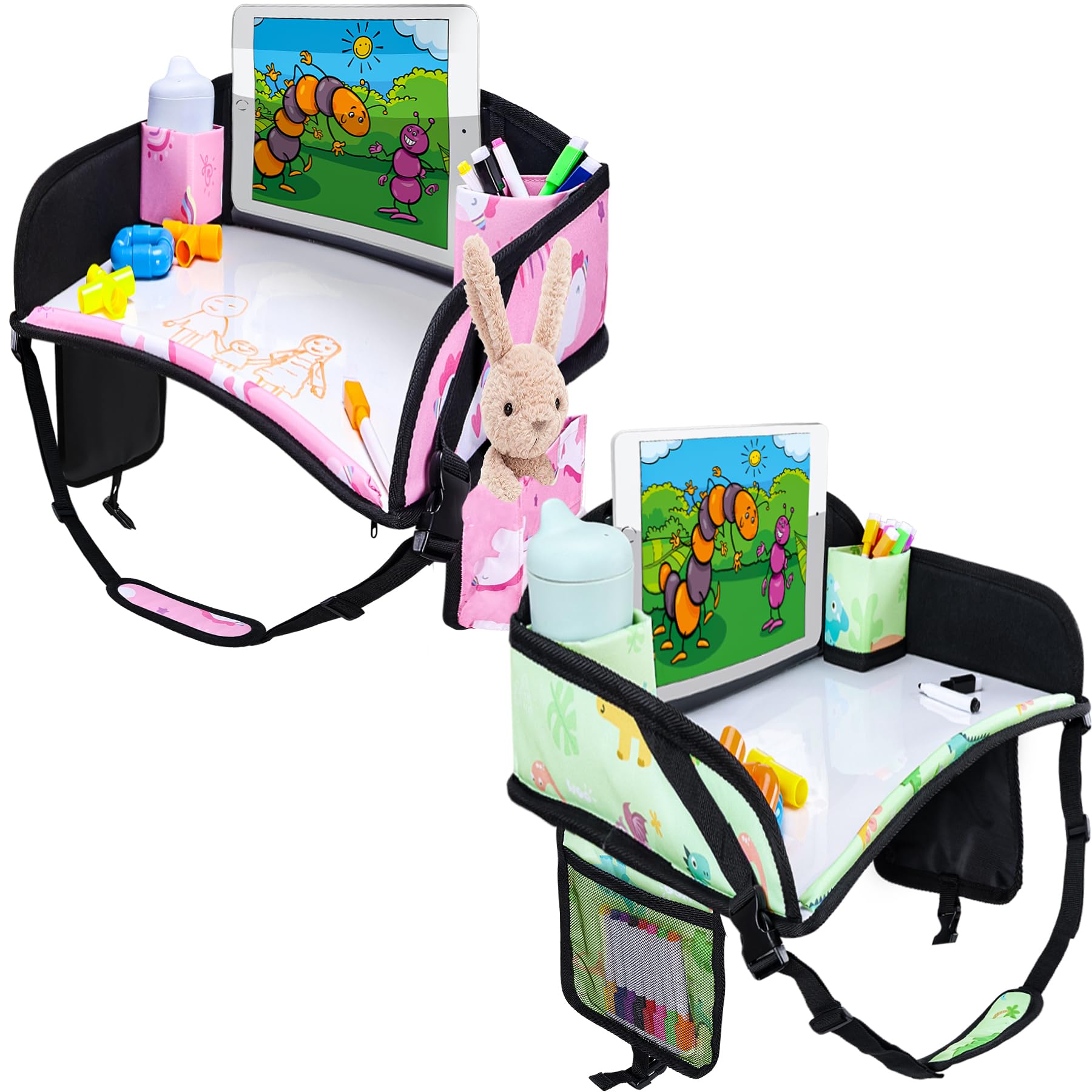 Kids Travel Tray for Toddler Car Seat, Road Trip Activities for Kid | Toddler Car Activities with iPad Holder Stand, Roadtrip Essentials with Dry Erase Board &amp; Cooler Cup Holder, 2PC