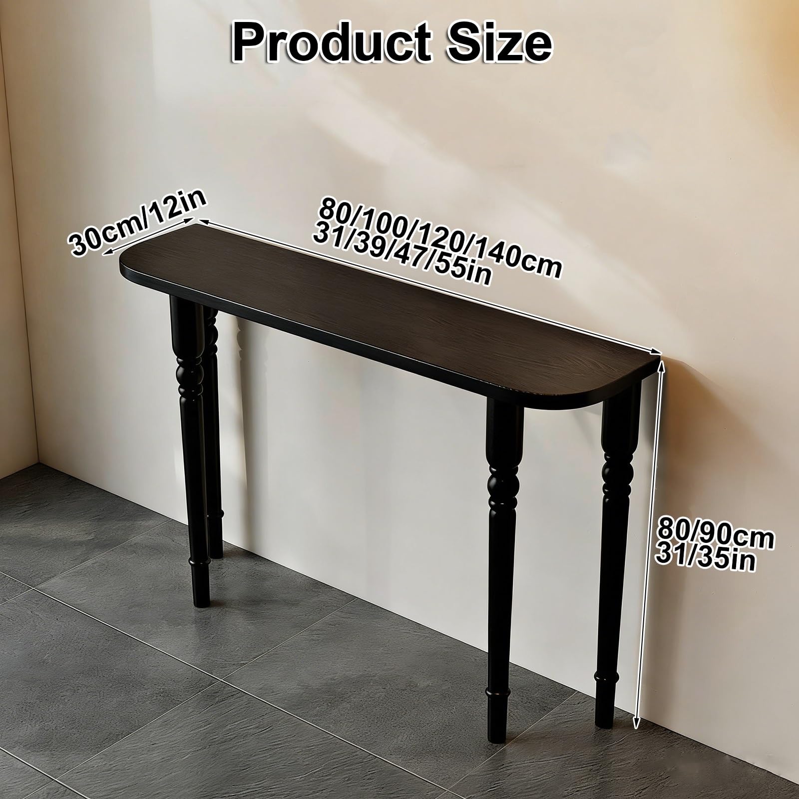 Konsole z Litego Drewna, Wąski Stolik w Stylu Retro do Przedpokoju w Stylu Francuskim, Stolik za Kanapą do Salonu, Przedpokoju, Korytarza(Black,80x30x80cm/31x12x31in)