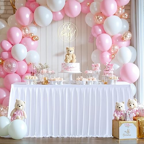 Miniatura 10 de Partisky Falda de mesa de poliéster blanco para mesas rectangulares 12f, mantel plisado resistente a las arrugas para fiesta de cumpleaños,