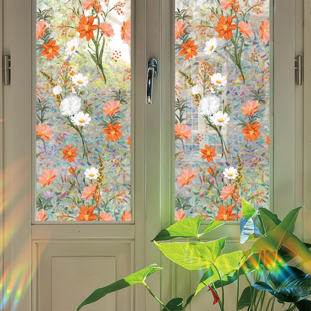 Partslety 39x17in Flowers Window Film, Privacy Static Cling Glass Decal, Non-Adhesive Colorful Sticker, Removable Door Film Window Covering for Bedroom Bathroom 43X100cm