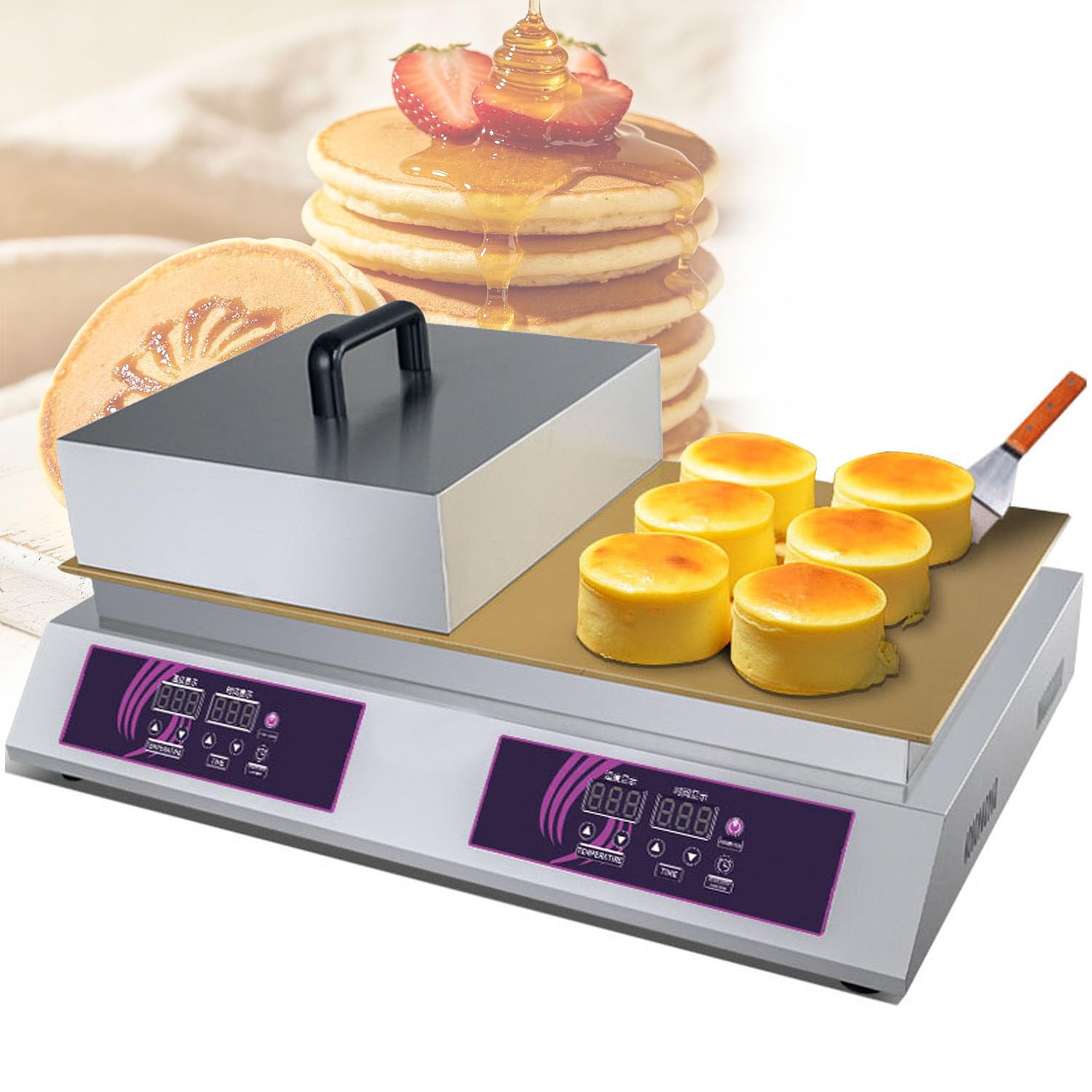 Ymnogjie Stainless Steel Electric Souffle Maker, Non-Stick Commercial Dorayaki & Pancake Griddle with 0-260℃ Adjustable Temp Control, 1300W/2600W Baking Machine for Bakery Double-NonVisibleLid
