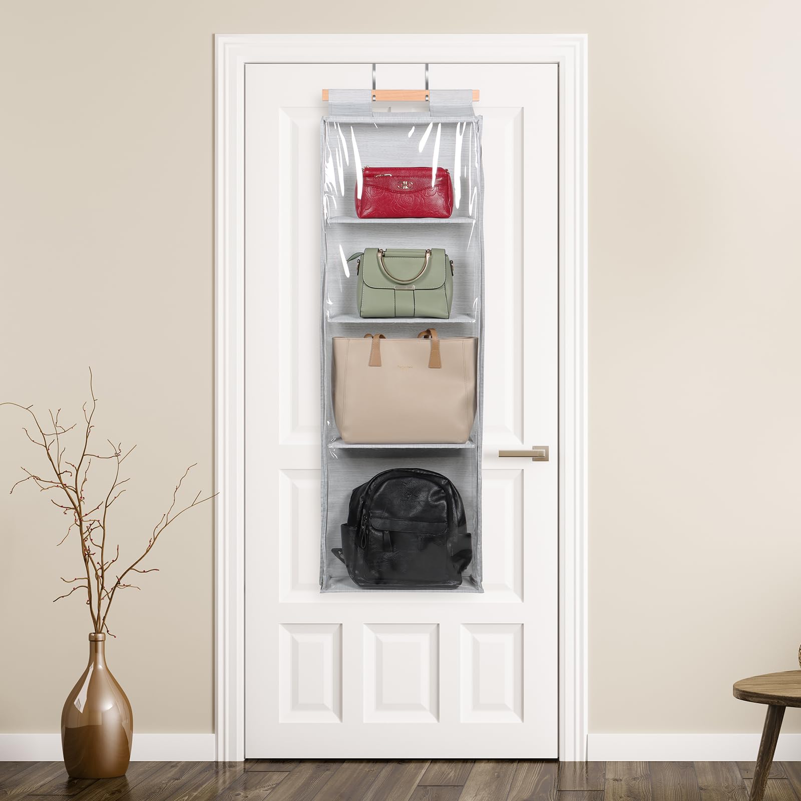 Syeeiex Hängend Handtaschen Aufbewahrung Organizer Mit zips, Faltbarer Tür Organizer für Handtaschen Mit 4 Fächer & 2 Haken Schrank Taschen Aufbewahrung Organizer für Schlafzimmer Wohnzimmer Küche, Haushalt & Wohnen