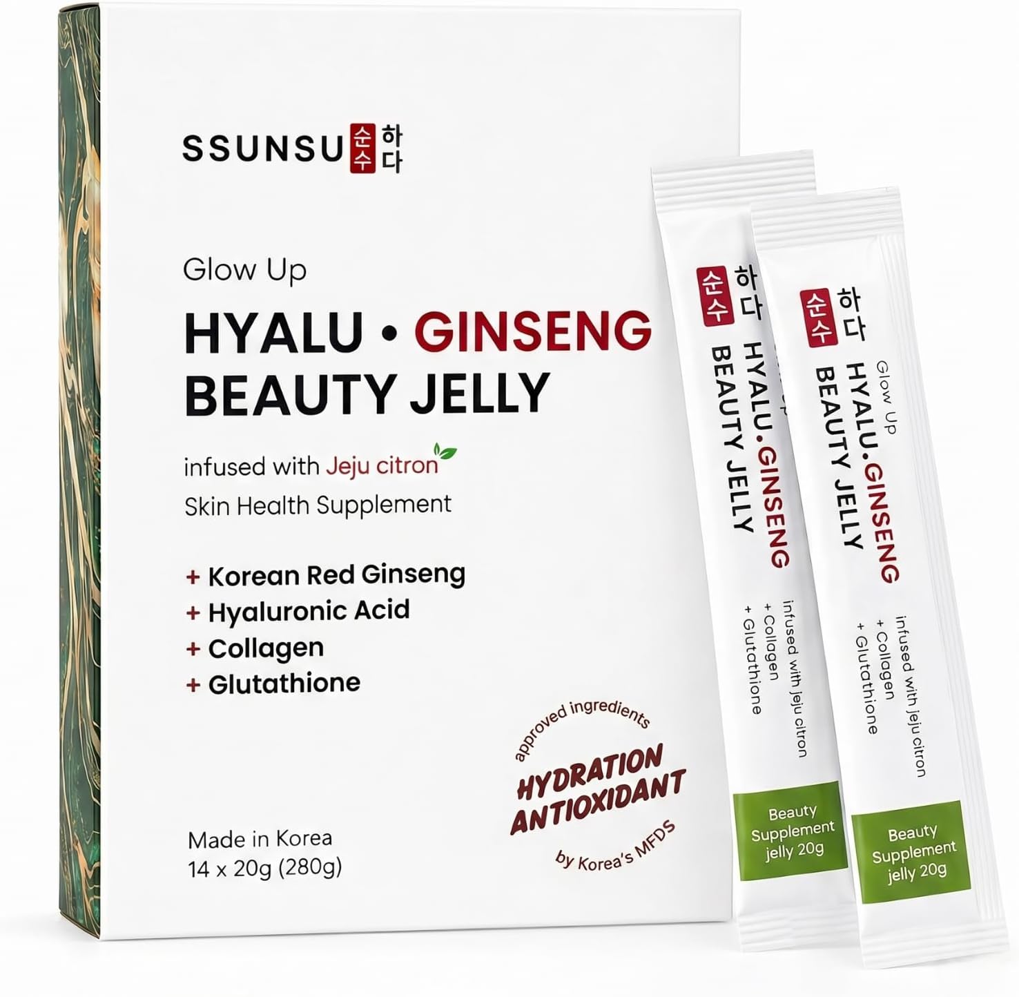 Glow Up Hyalu Ginseng Beauty Jelly (Box of 56 Jelly Sticks) | Korean Ginseng Jelly with Hyaluronic Acid, Collagen jelly sticks & Glutathione for Hydrated, Glowing Skin | korean skincare