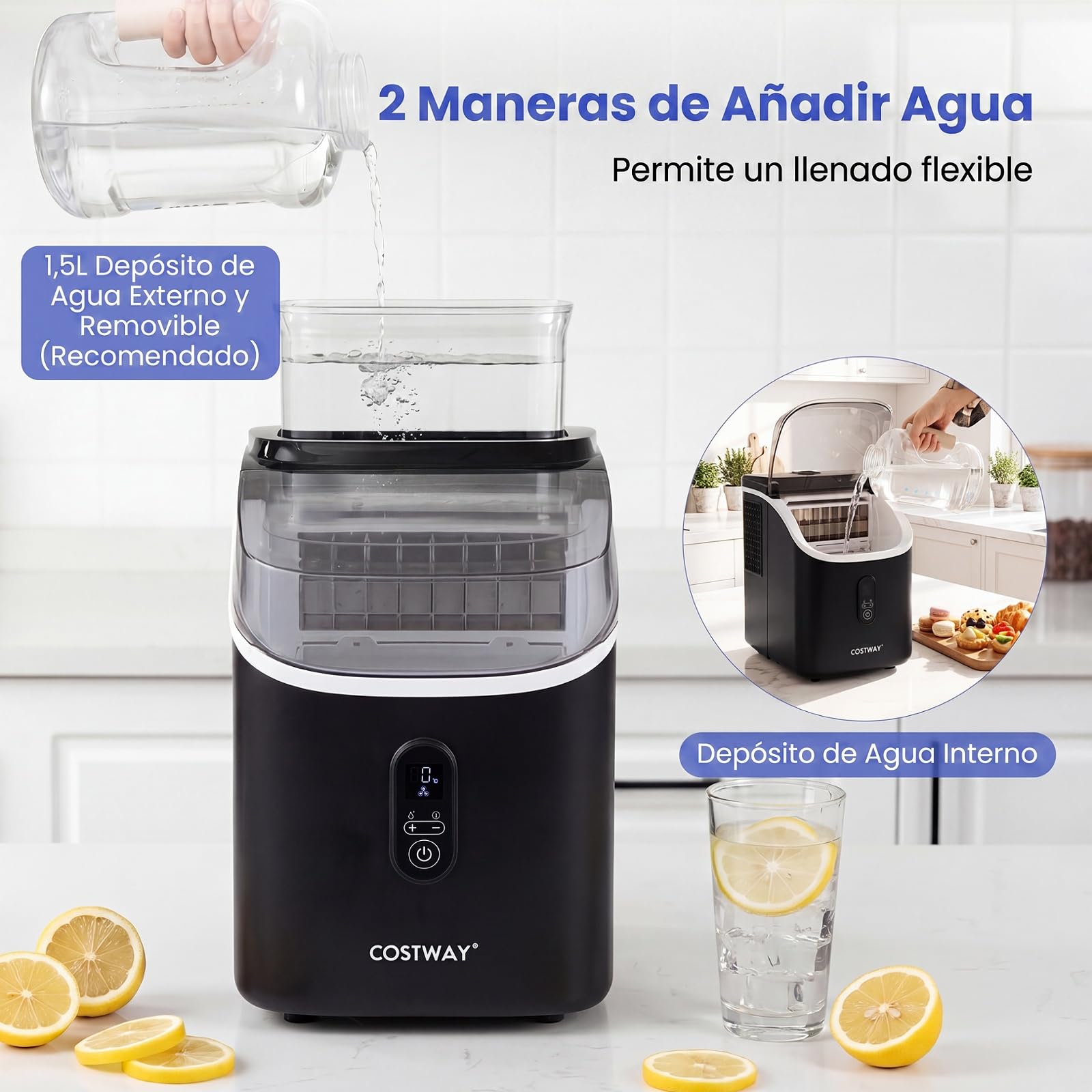 COSTWAY Máquina de Hielo para Encimera con Depósito Externo, 15 kg/Día (Negro)