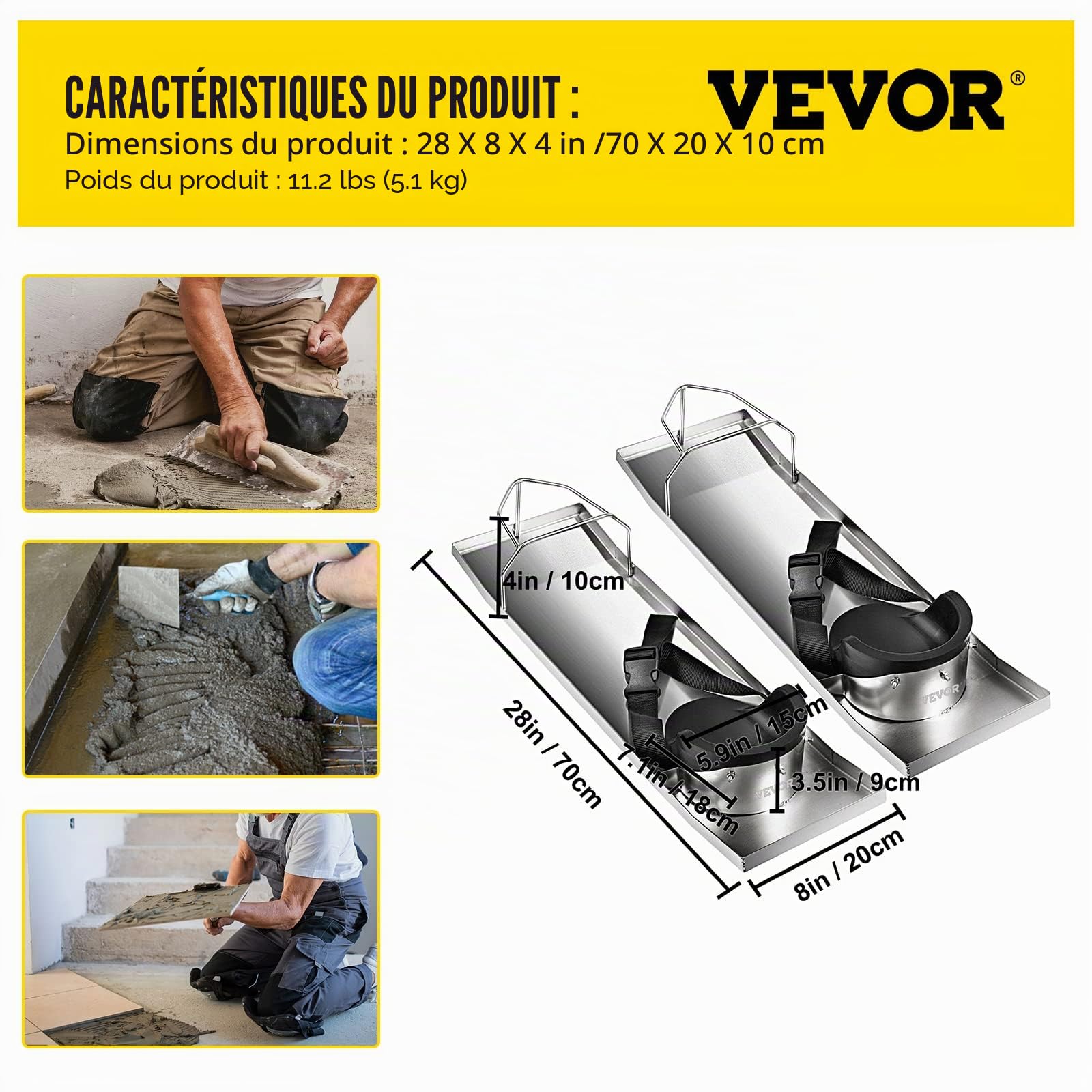 VEVOR Planche à Genoux Béton 70 x 20 cm 1 Paire avec Coussinets, Protège Genoux, Repose-Genoux en Acier Inoxydable, Protège-Genoux Coulissant, Genouillère Coulissante en Béton Finition