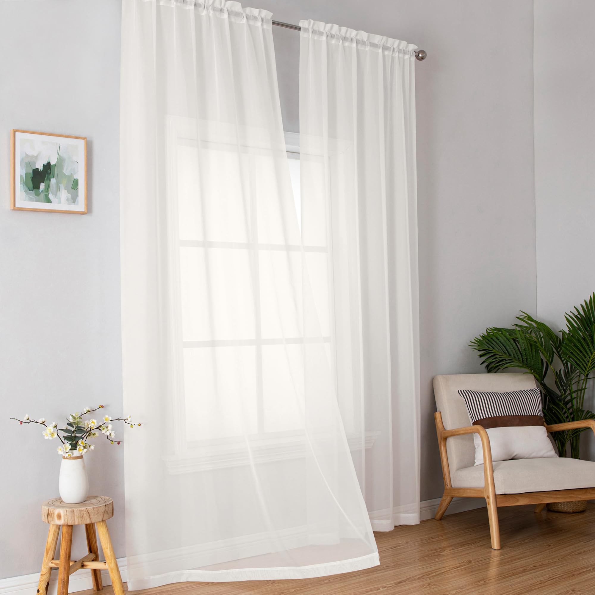 Simplebrand Ivory Sheer Curtains 96 Inches Long, Light Filtering Rod Pocket Solid Color Window Sheer Curtain Panels, Elegant Curtains &amp; Drapes for Living Room, Bedroom 2 Panels (Ivory, 42" W x 96" L)