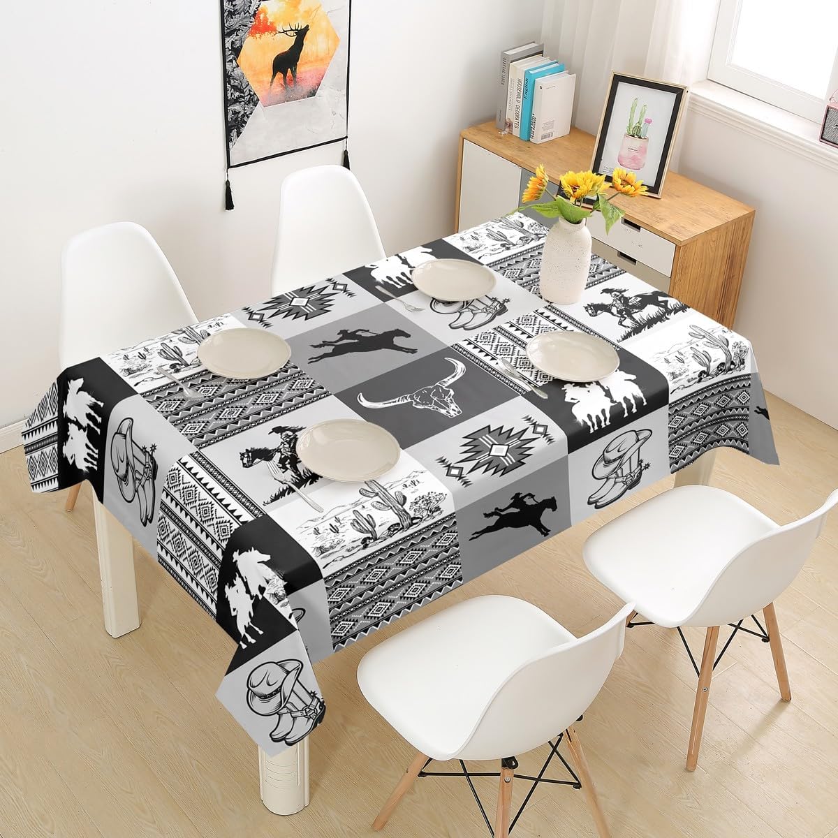 Western Tablecloths,Cowgirl Bull Skull Cactus Print Blankets,Grey Pink Patchwork Plaid Striped Fleece Blanket for Kids Girls Women Boys Room Decor,Rustic Country Sherpa Blanket,for Chair/Sofa image 5