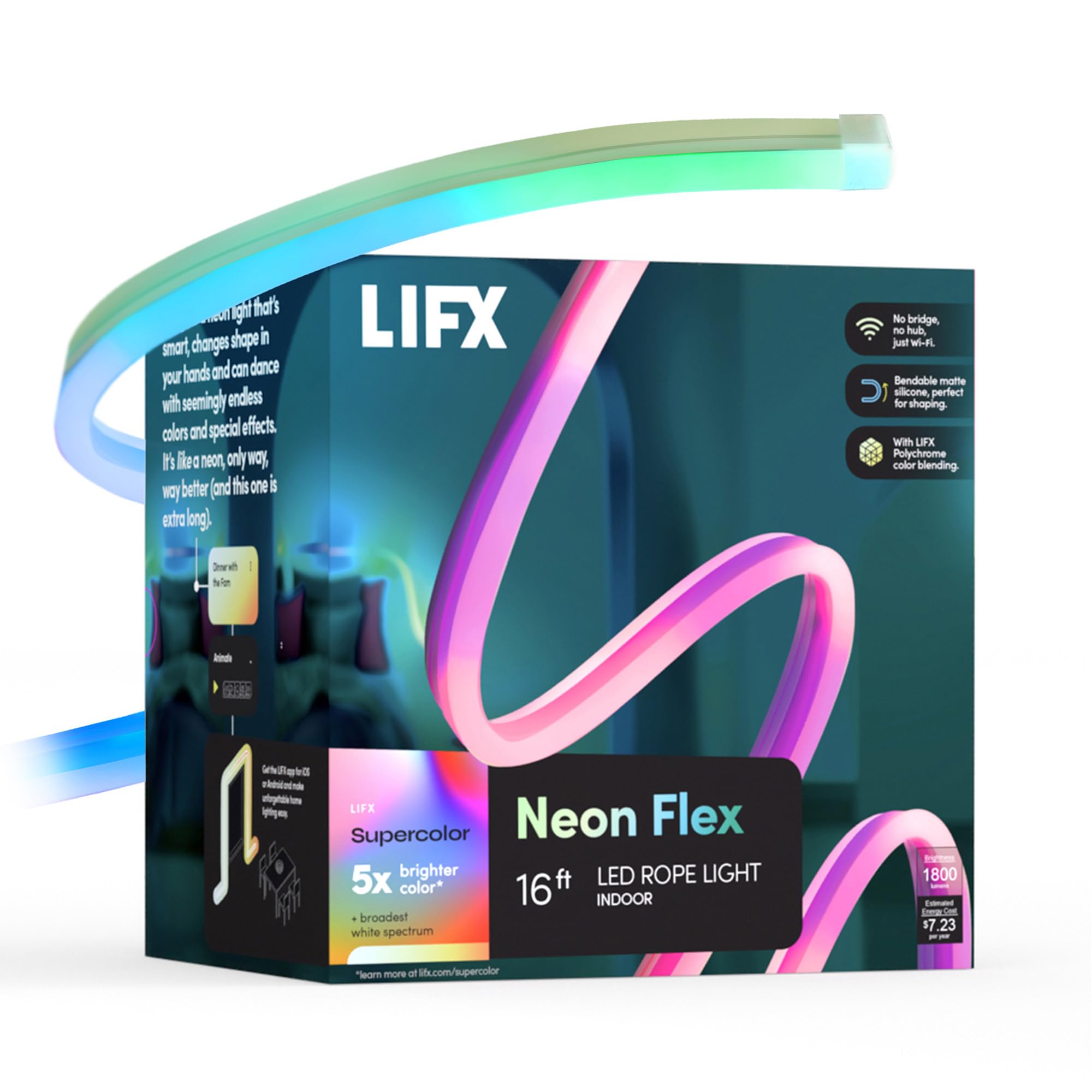 Photo 1 of LIFX Supercolor Neon Flex Light Strip, 16ft Bendable RGBW LED Smart Neon, 60 Addressable Color Zones with Polychrome, Wi-Fi No Hub Required, Compatible with Alexa, Google, Apple HomeKit, LFXNEON16