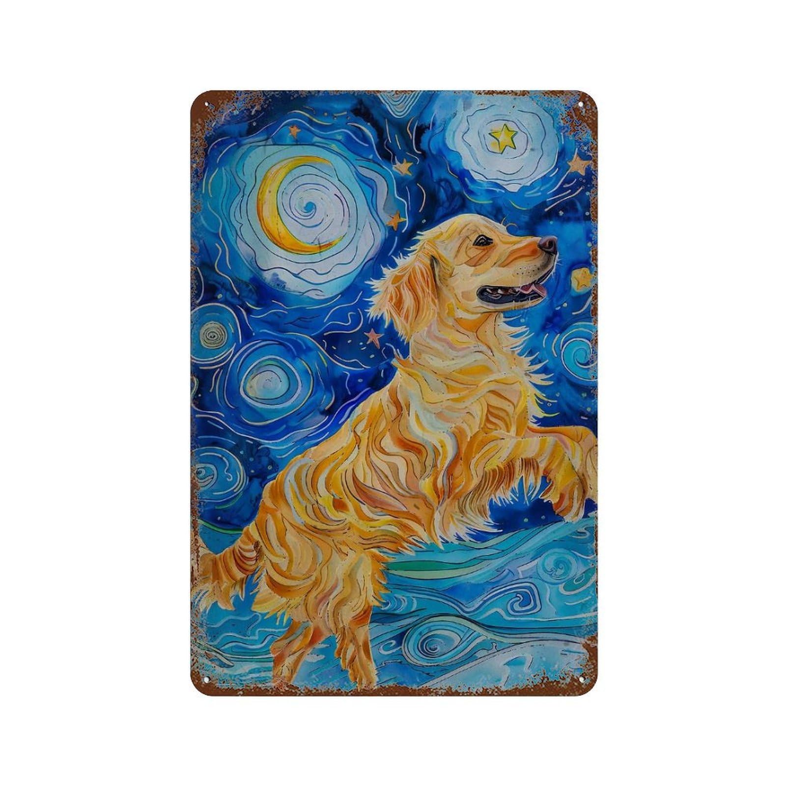 Rustic Tin Plaque with Golden Retriever Starry Night Design 11.8"x7.9", for Pub, Kitchen And Man Cave Decor, Old School Wall Decor