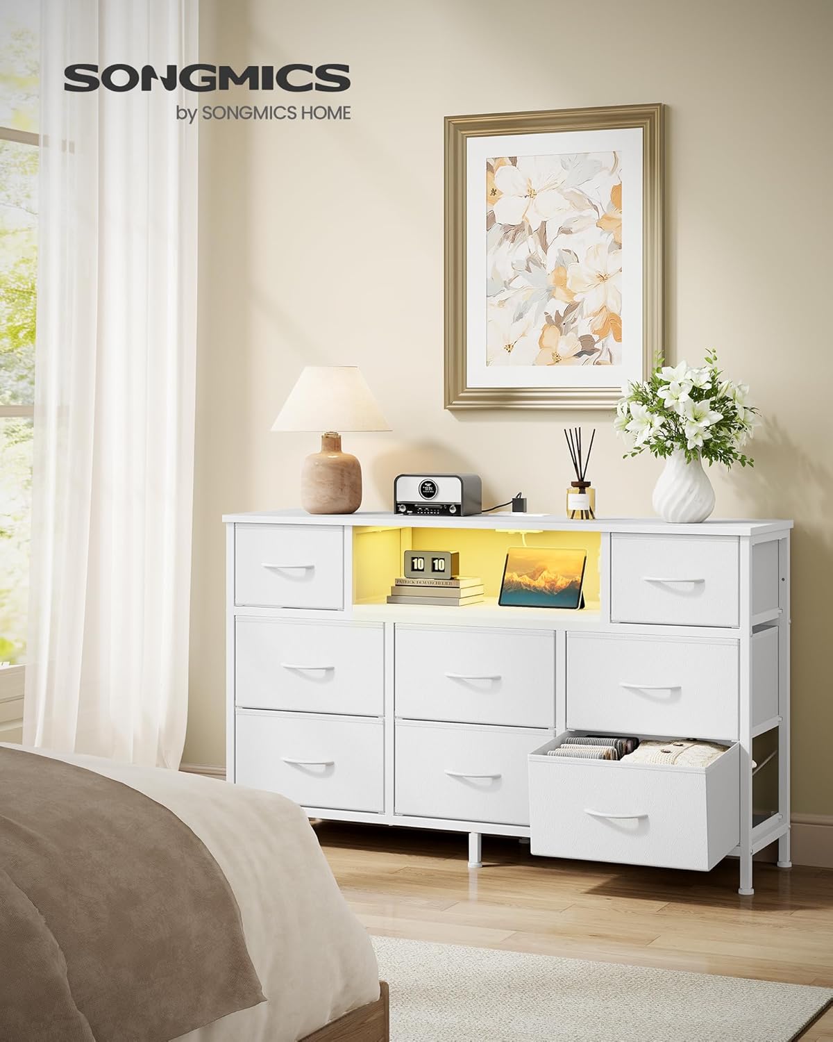 SONGMICS BELLAH Collection - Dresser for Bedroom with Outlets and LED Lights, TV Stand for TVs Up to 55 Inches, Chest of Drawers, 8 Drawers, Steel, Modern, Cloud White ULGS433WH02S