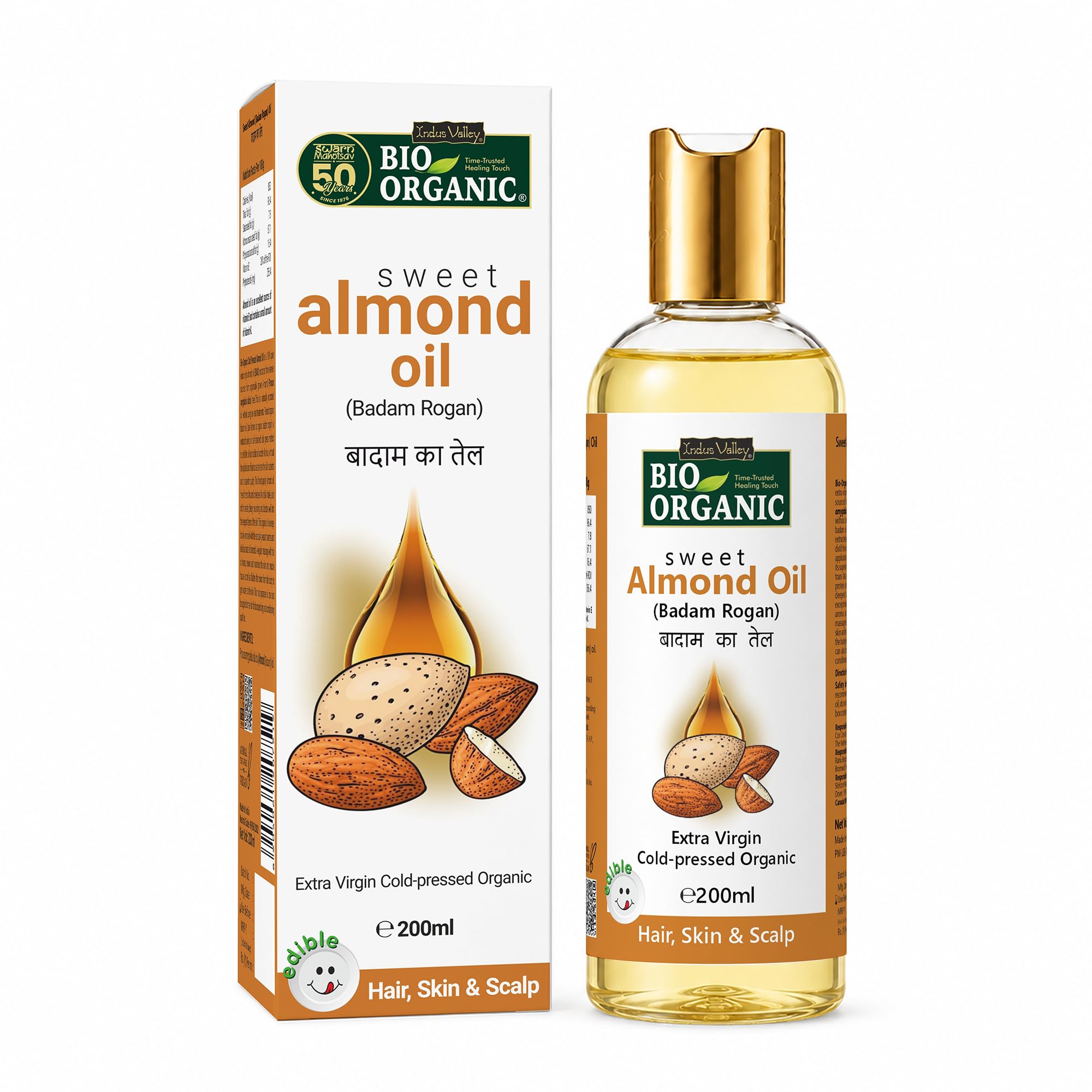INDUS VALLEY Bio Organic Cold-Pressed Sweet Almond Oil | Pure Natural Roghan Badam Oil | For Hair Growth, Soft & Shiny Hair & Glowing Skin | Ideal for Baby Massage | Mineral Oil & Sulphate Free | 200ml