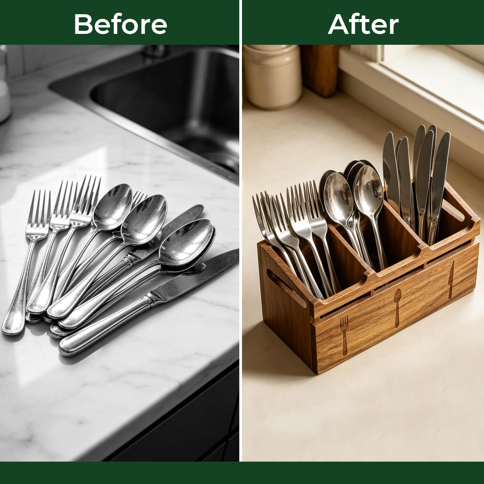 Acacia Wood Flatware Caddy - 3 Compartment Organizer -3