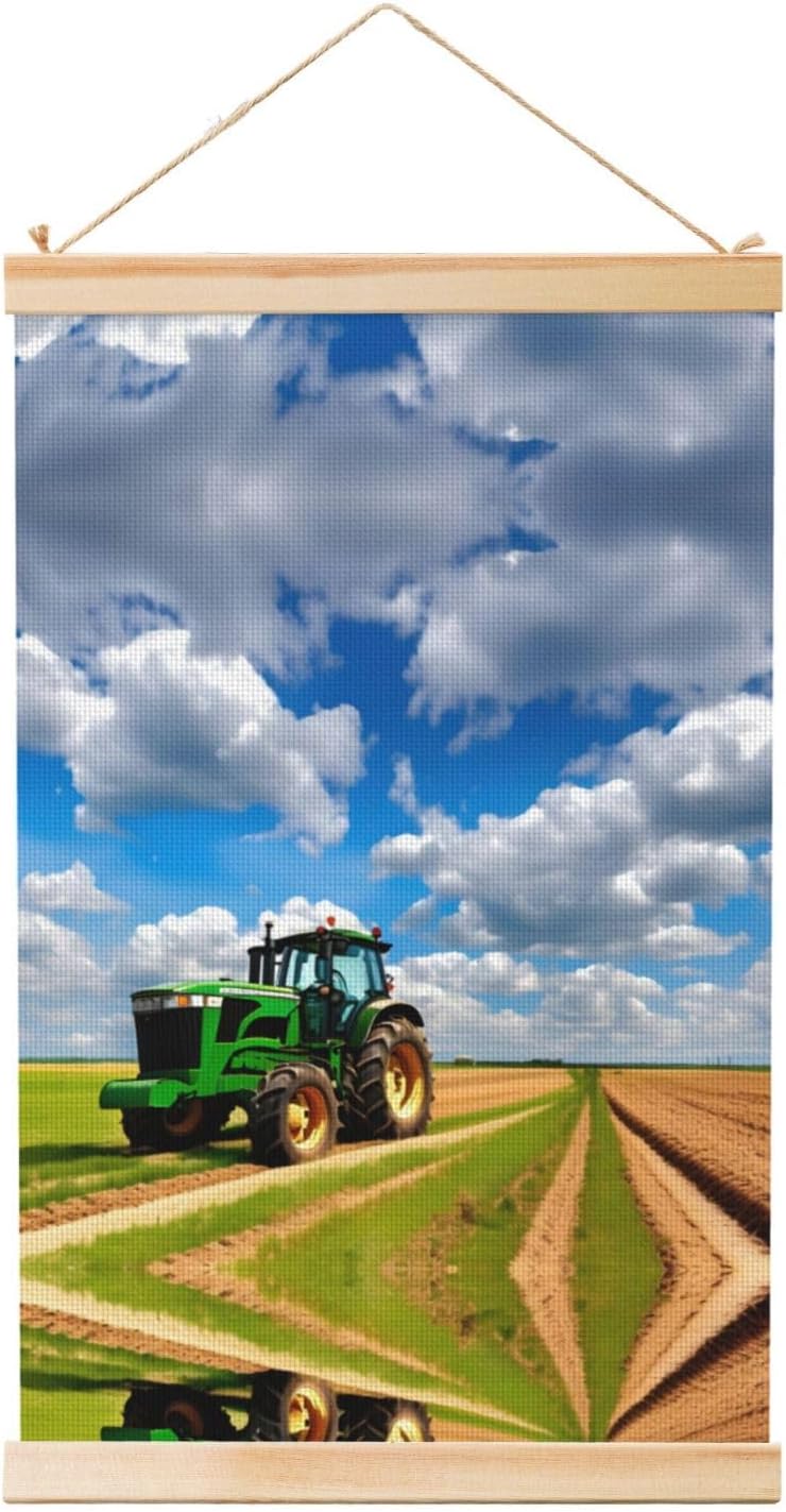 Tractor Under Blue Sky And White Clouds Print Poster Hanger,Hanging Poster, Poster Frame,Wood Poster Hanger, For Wall Hanging