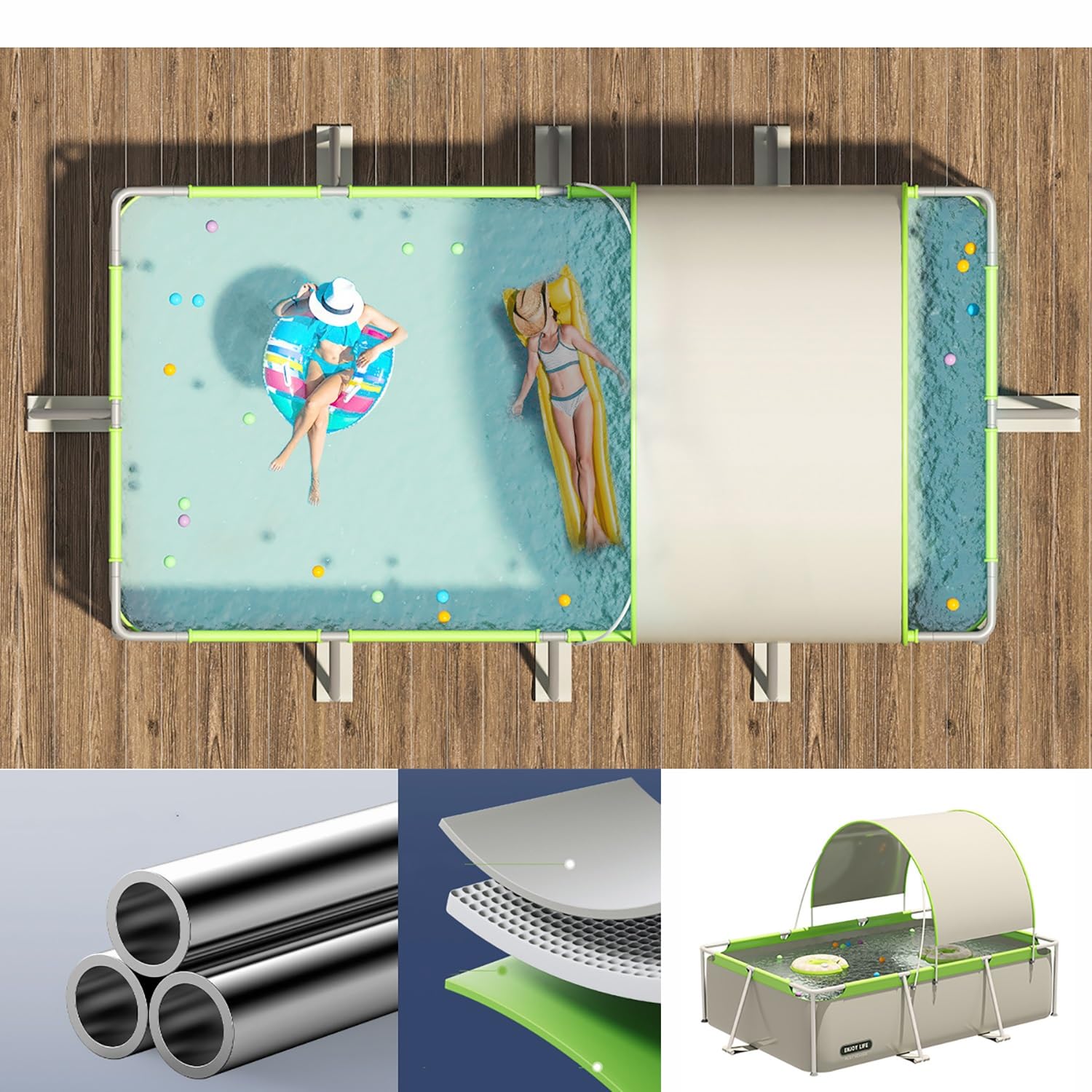 Piscina；Piscina Grande for Adultos al Aire Libre con toldo sombrilla casa Cuadrada Piscina de Juegos no Hinchable Piscina Plegable(Size:4.5m)