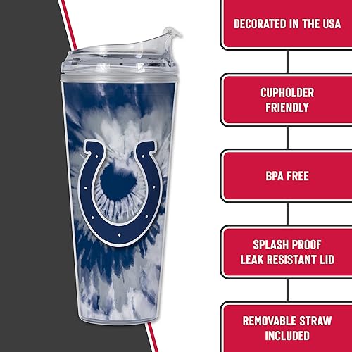 Miniatura 334 de Rico Industries NFL - Vaso de purpurina acrílica de 24 onzas con tapa con bisagras, vaso de doble pared con licencia oficial y popote Tie Dye